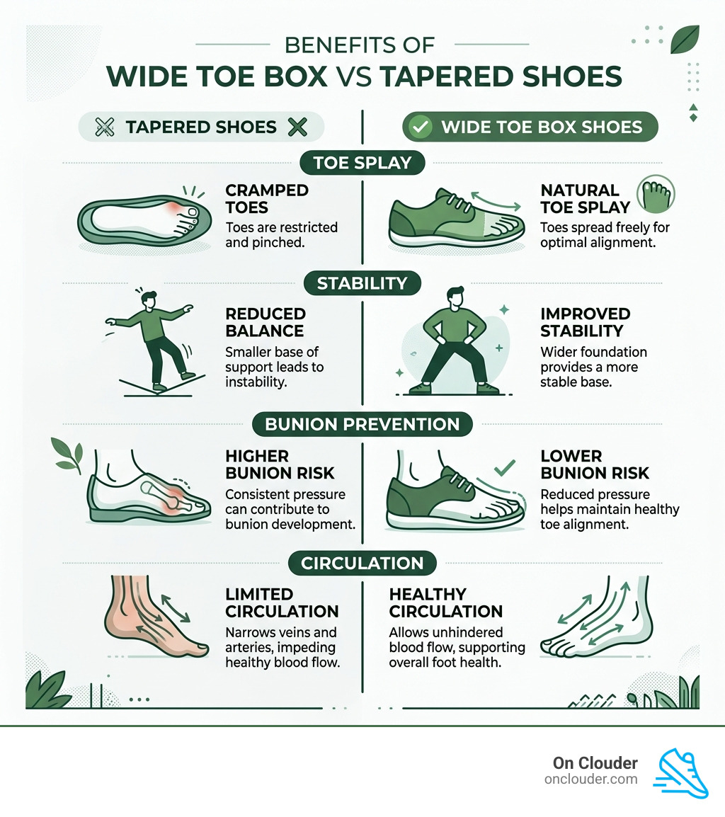 Benefits of wide toe box vs tapered shoes: toe splay, stability, bunion prevention, circulation - shoes with wide toe box