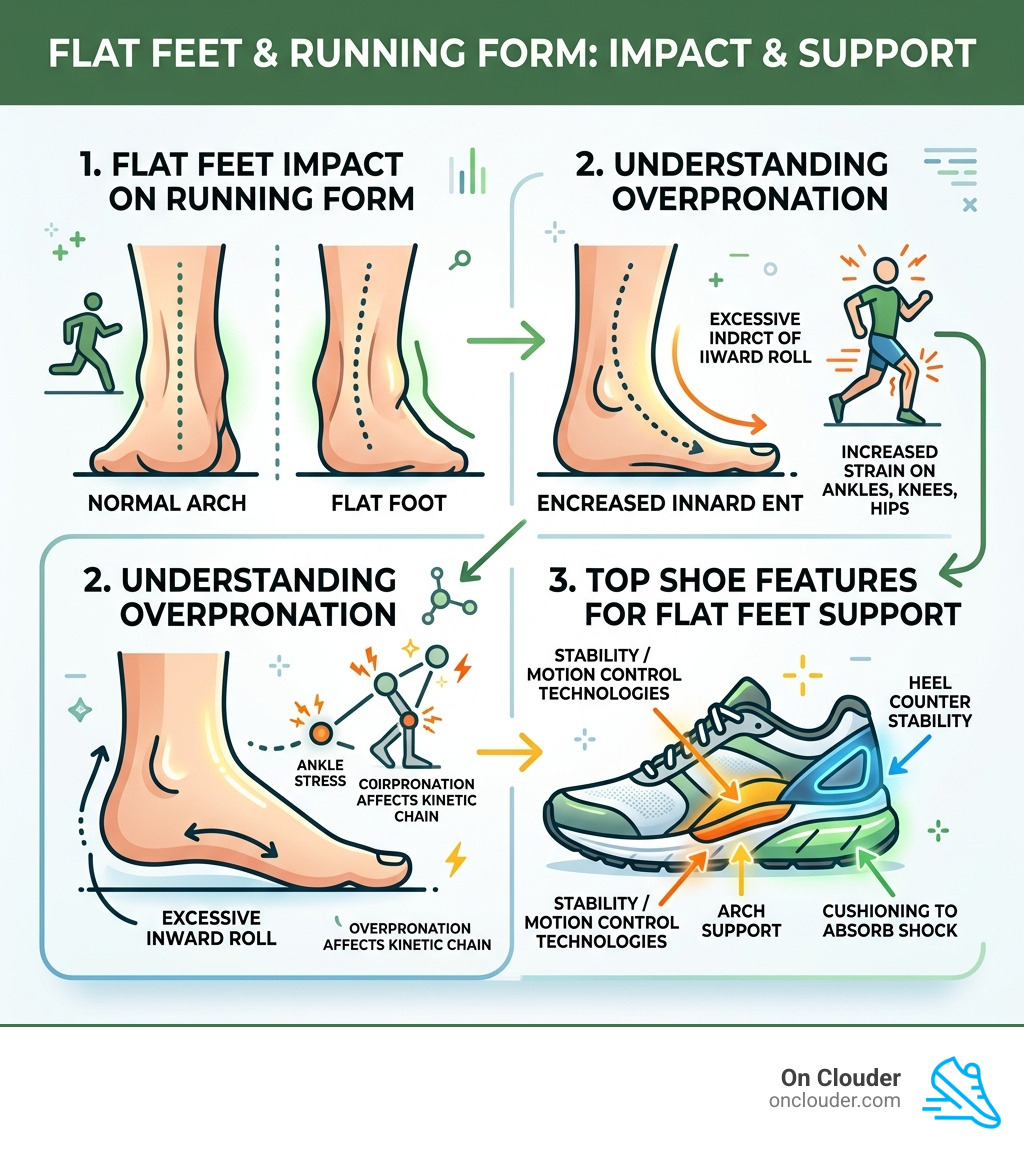 infographic showing flat feet impact on running form, overpronation, and top shoe features for support - running shoes that