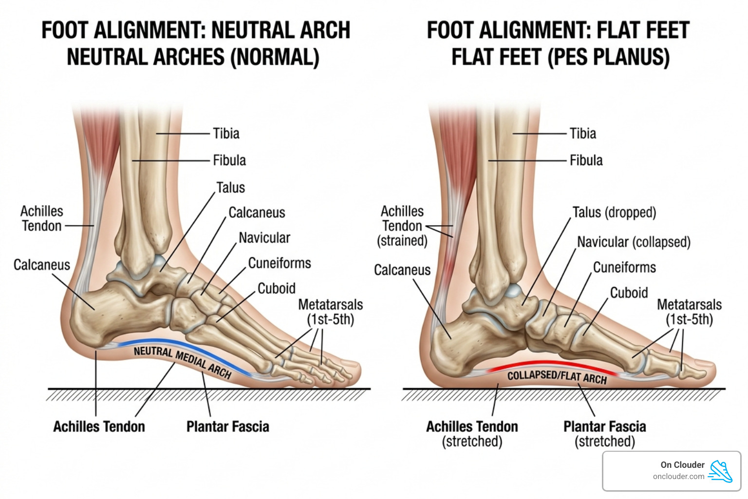 diagram comparing neutral arches vs flat feet showing foot alignment - running shoes that are good for flat feet