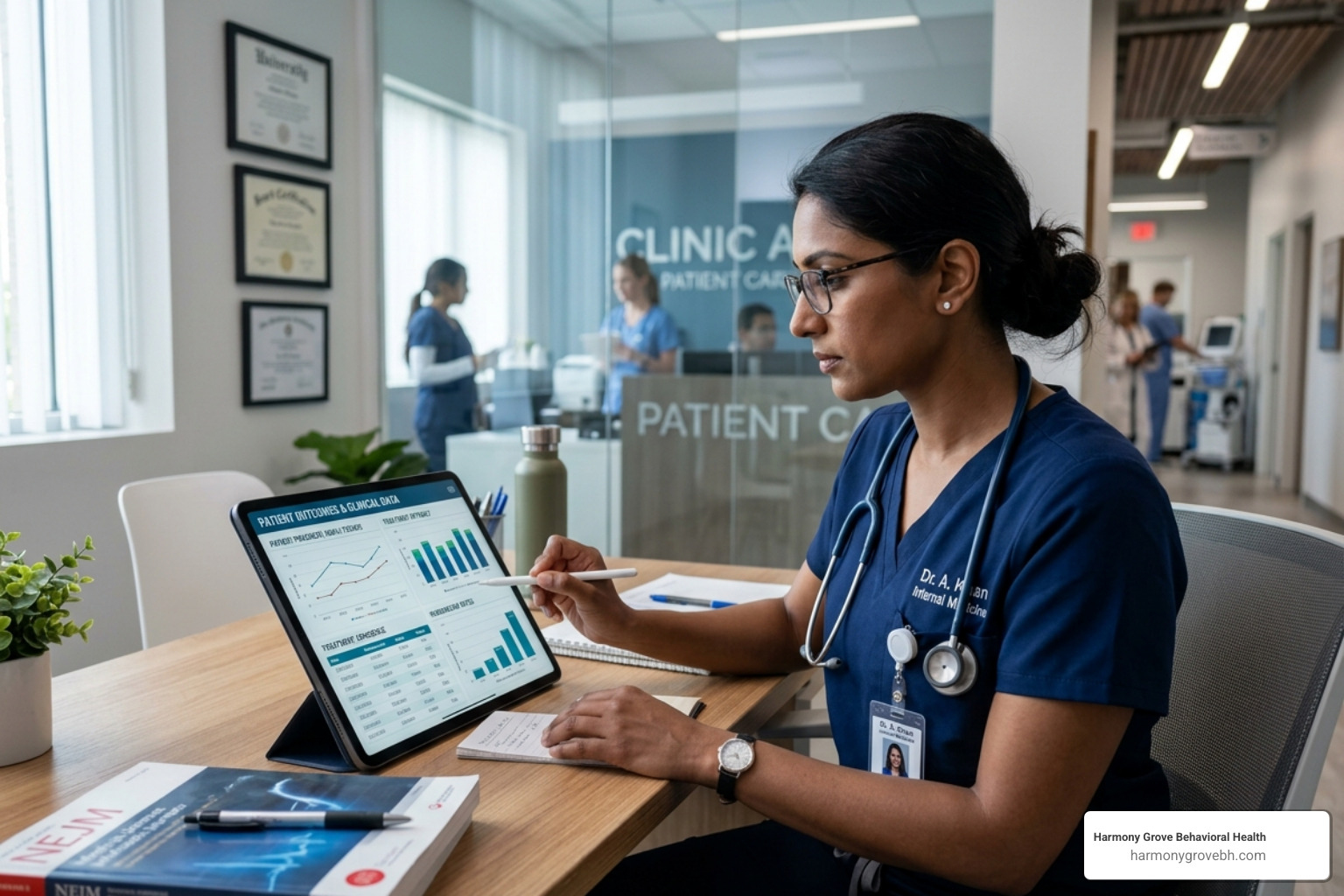 Medical professional reviewing clinical data and patient outcomes on a digital tablet - evidence based iop therapy