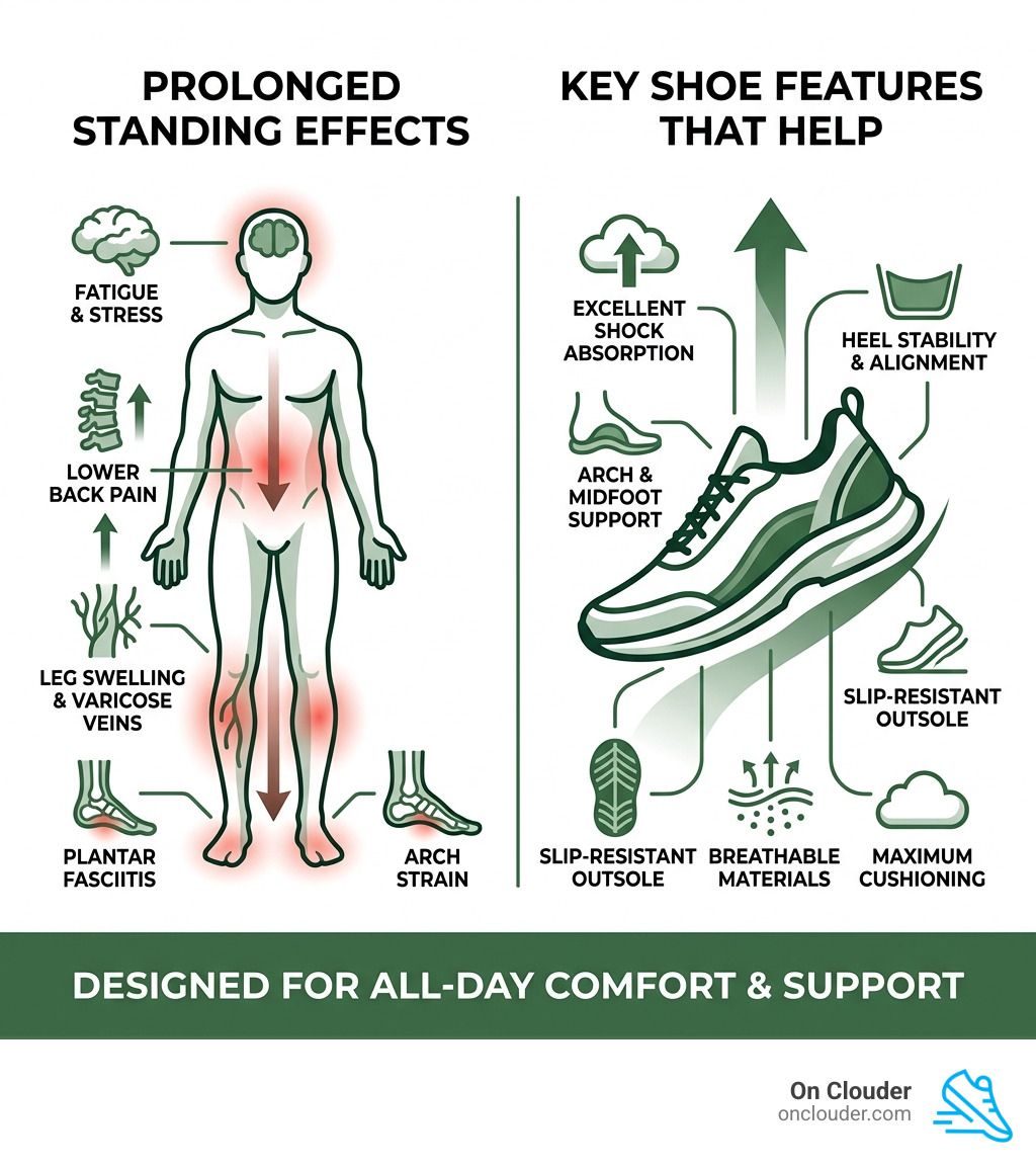 Infographic showing how prolonged standing affects feet, legs, and lower back with key shoe features that help - top rated