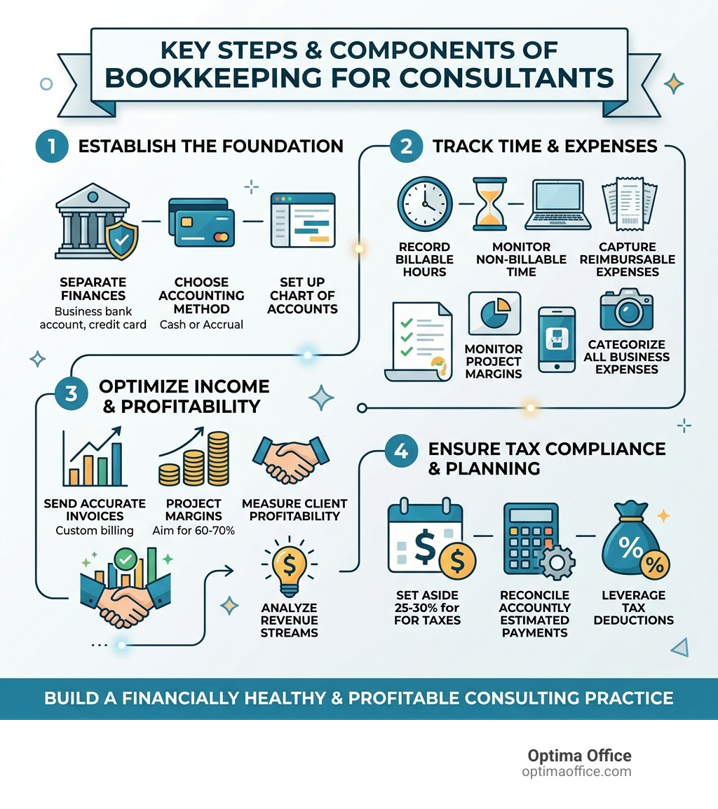 Key steps and components of bookkeeping for consultants including income tracking, tax planning, and project margins Key steps and components of bookkeeping for consultants including income tracking, tax planning, and project margins