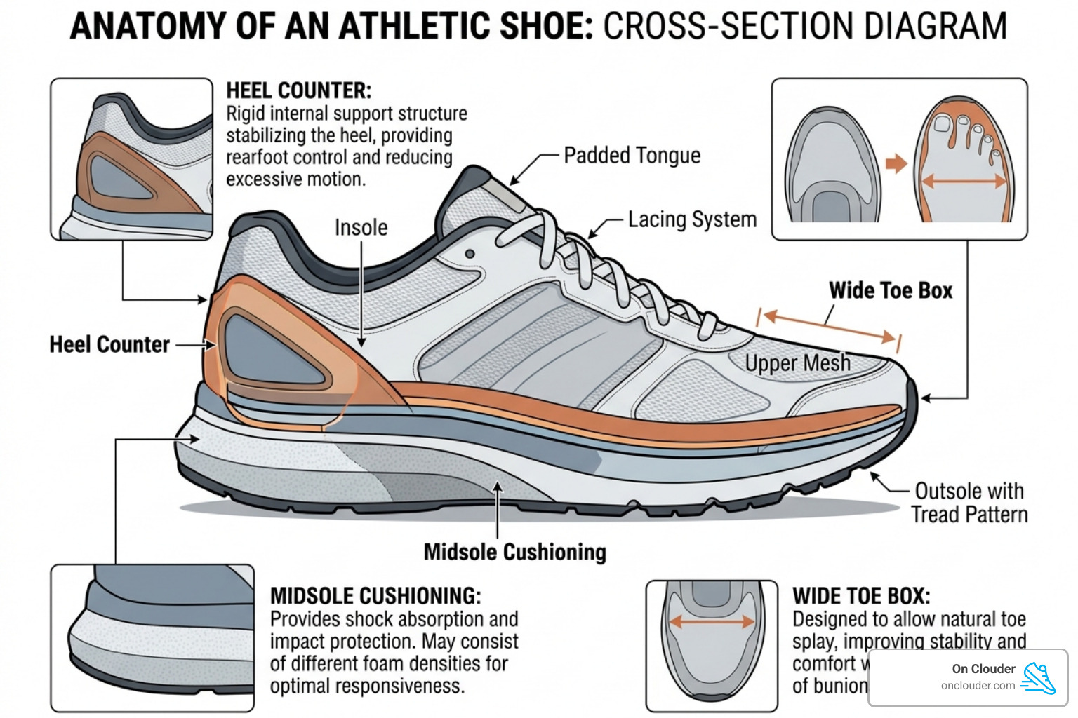 diagram showing shoe anatomy including heel counter, midsole, and toe box - best shoes foot pain diagram showing shoe anatomy including heel counter, midsole, and toe box - best shoes foot pain