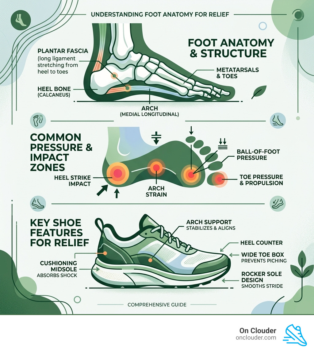 infographic showing foot anatomy, pressure points, and key shoe features for pain relief - best shoes foot pain infographic infographic showing foot anatomy, pressure points, and key shoe features for pain relief - best shoes foot pain infographic