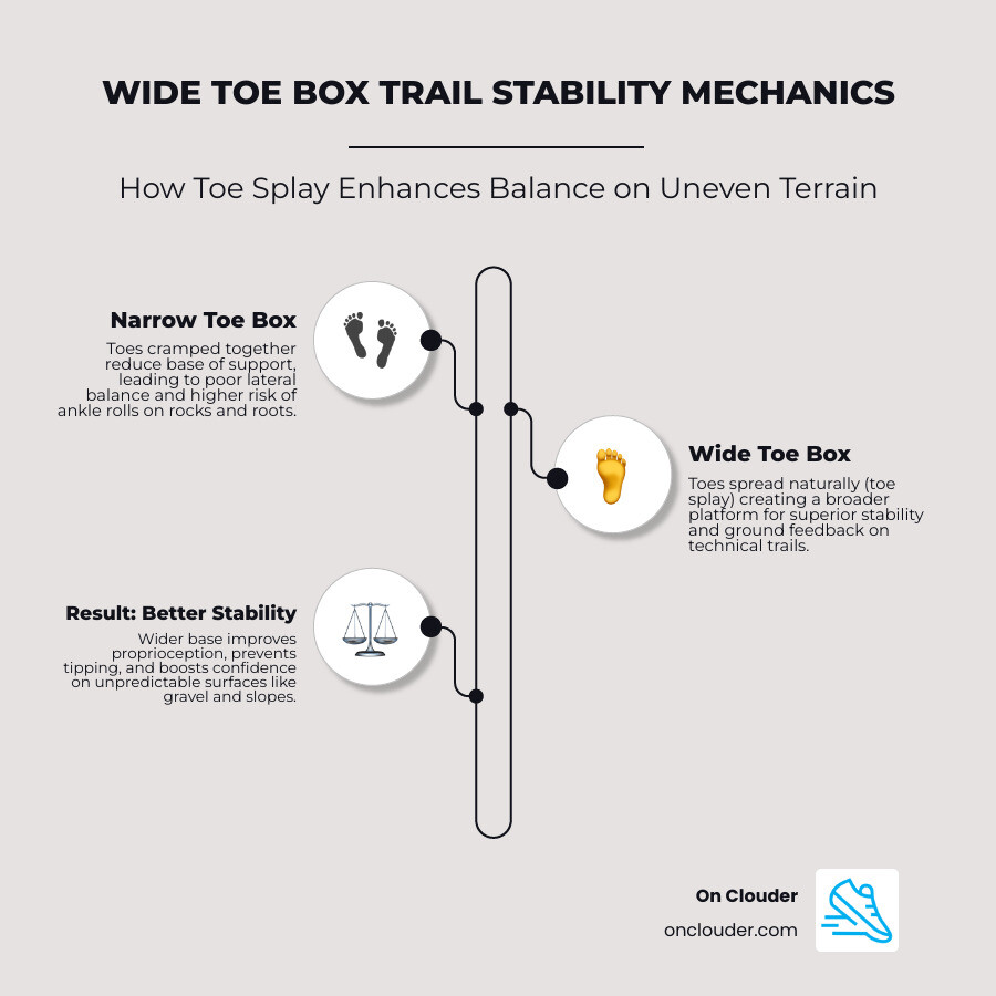 Infographic comparing narrow vs wide toe box mechanics for trail balance and stability - wide toe box trail stability