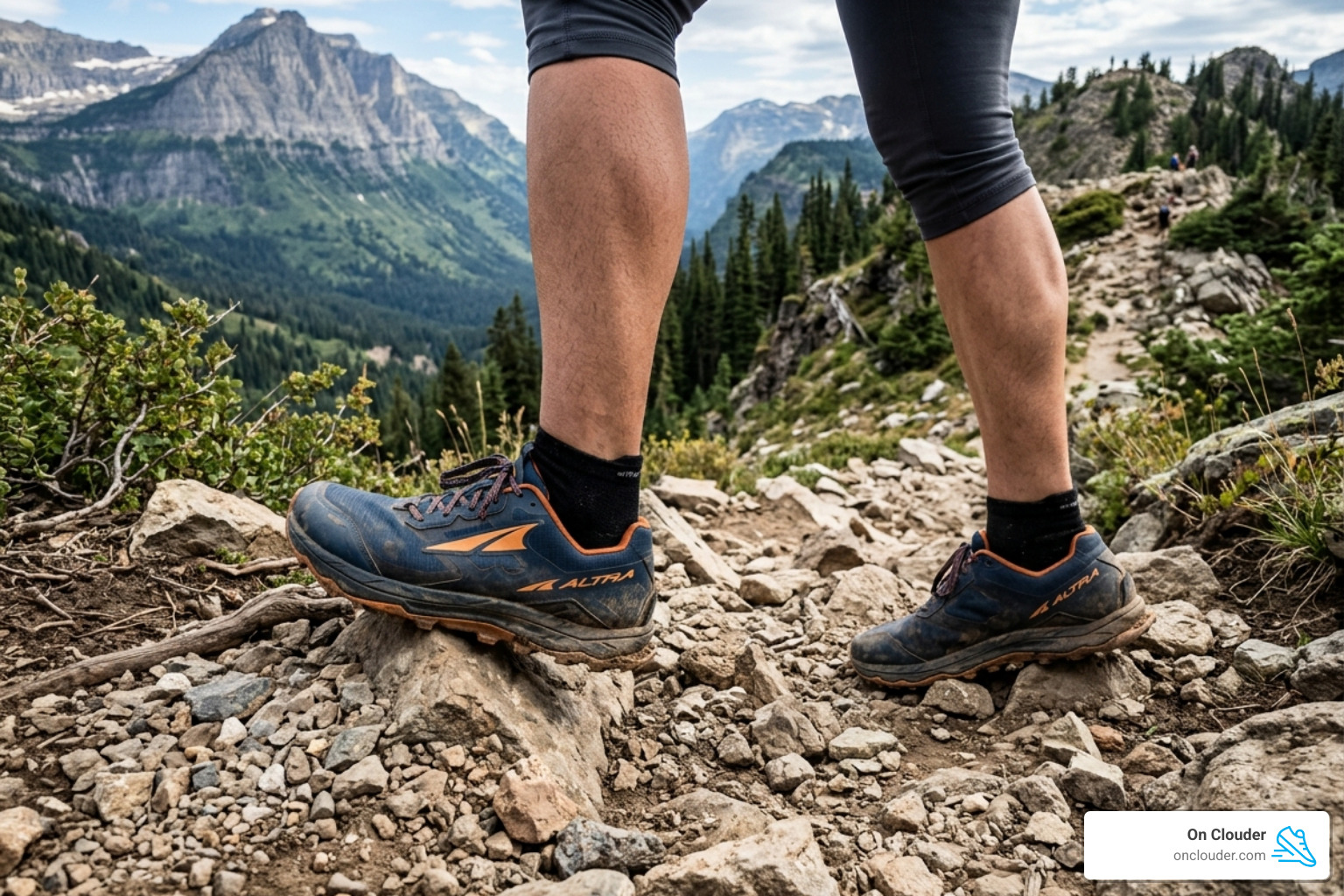 wide toe box trail stability shoe on rocky trail terrain - wide toe box trail stability