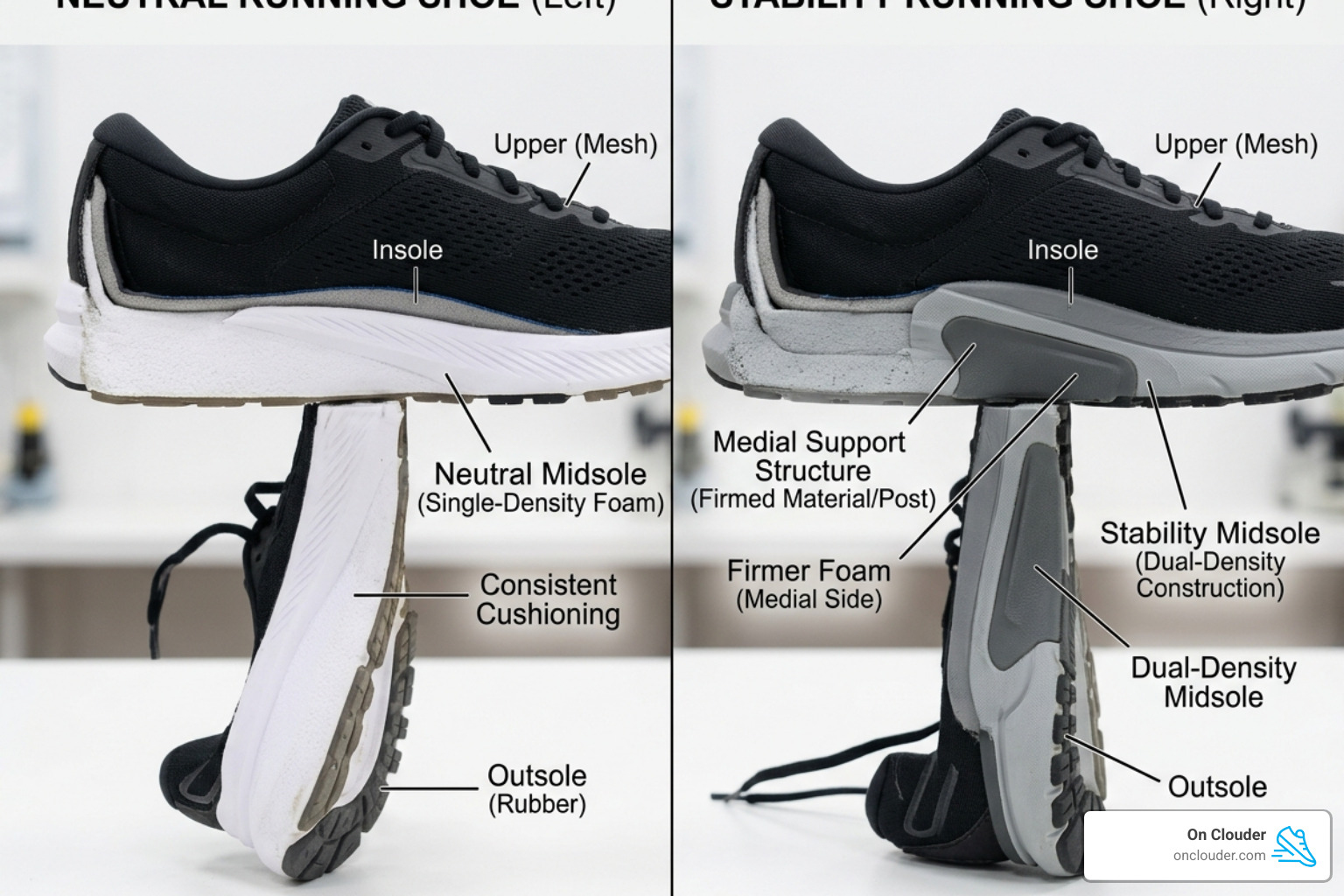 comparison of neutral vs stability shoe midsoles showing medial support structures - best stability running shoes