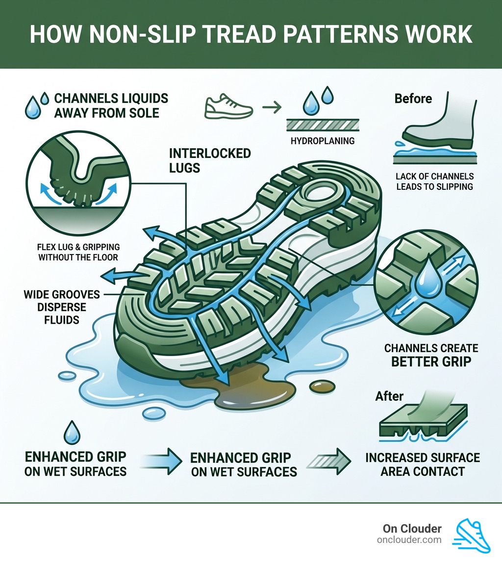 Infographic showing how non-slip tread patterns channel liquids away from the sole for better grip - non slip sneakers for