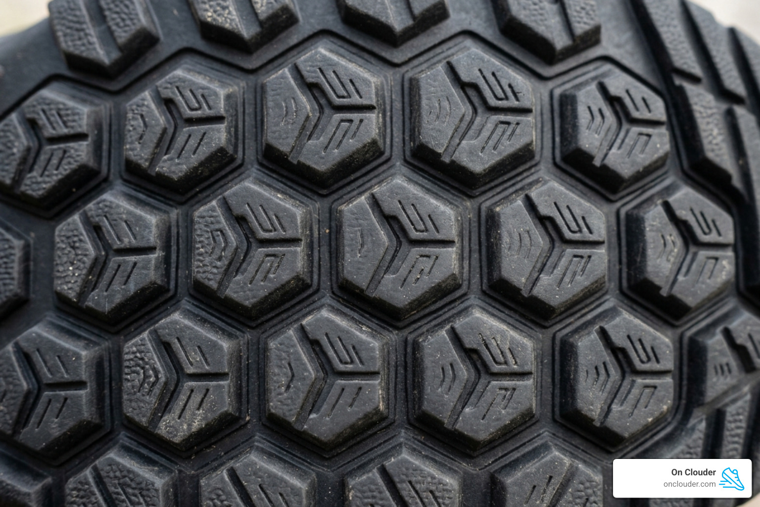 Close-up of a high-traction rubber outsole showing intricate tread patterns - non slip sneakers for work