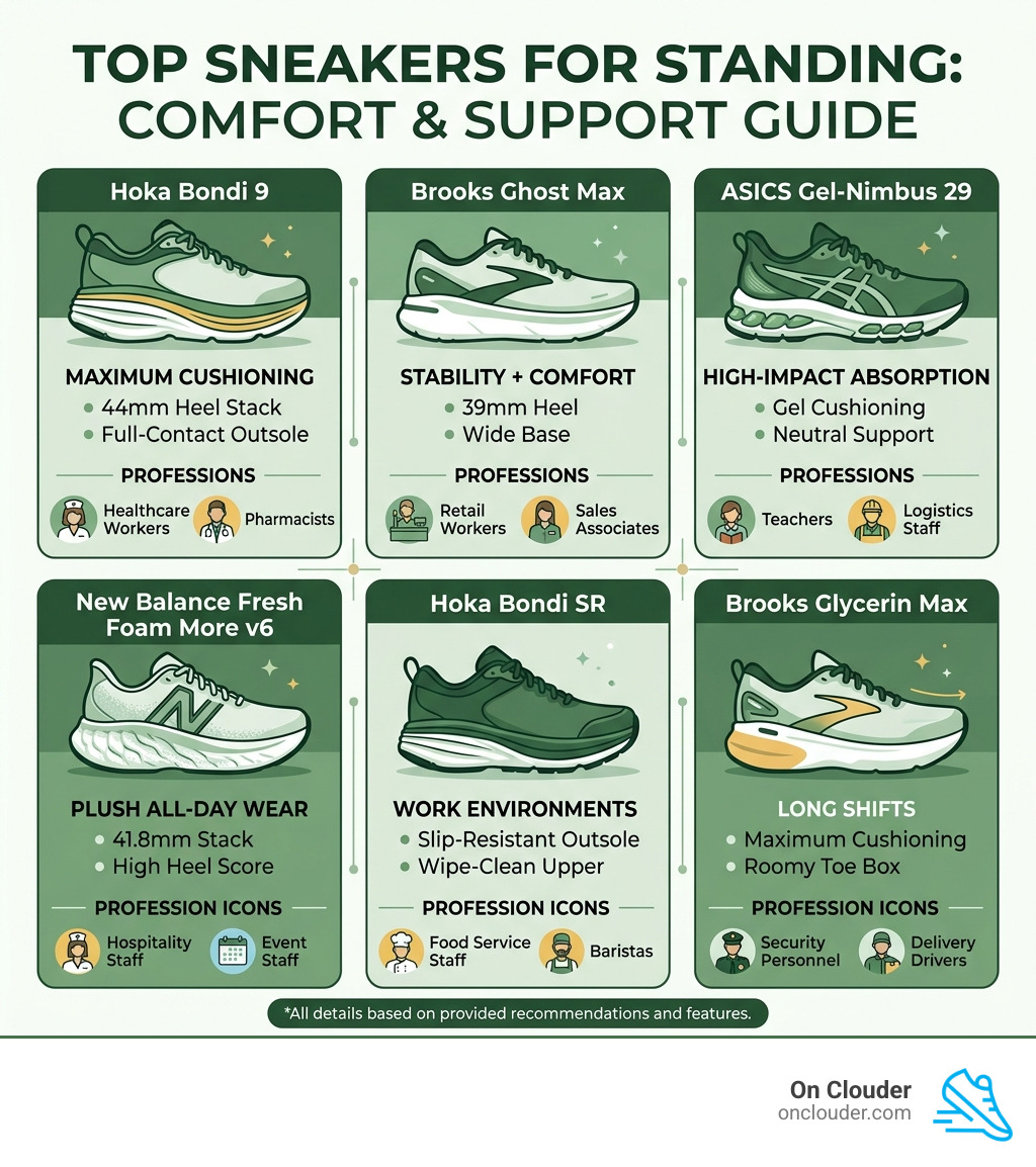 Infographic showing top sneakers for standing with key features and recommended professions - sneakers for standing