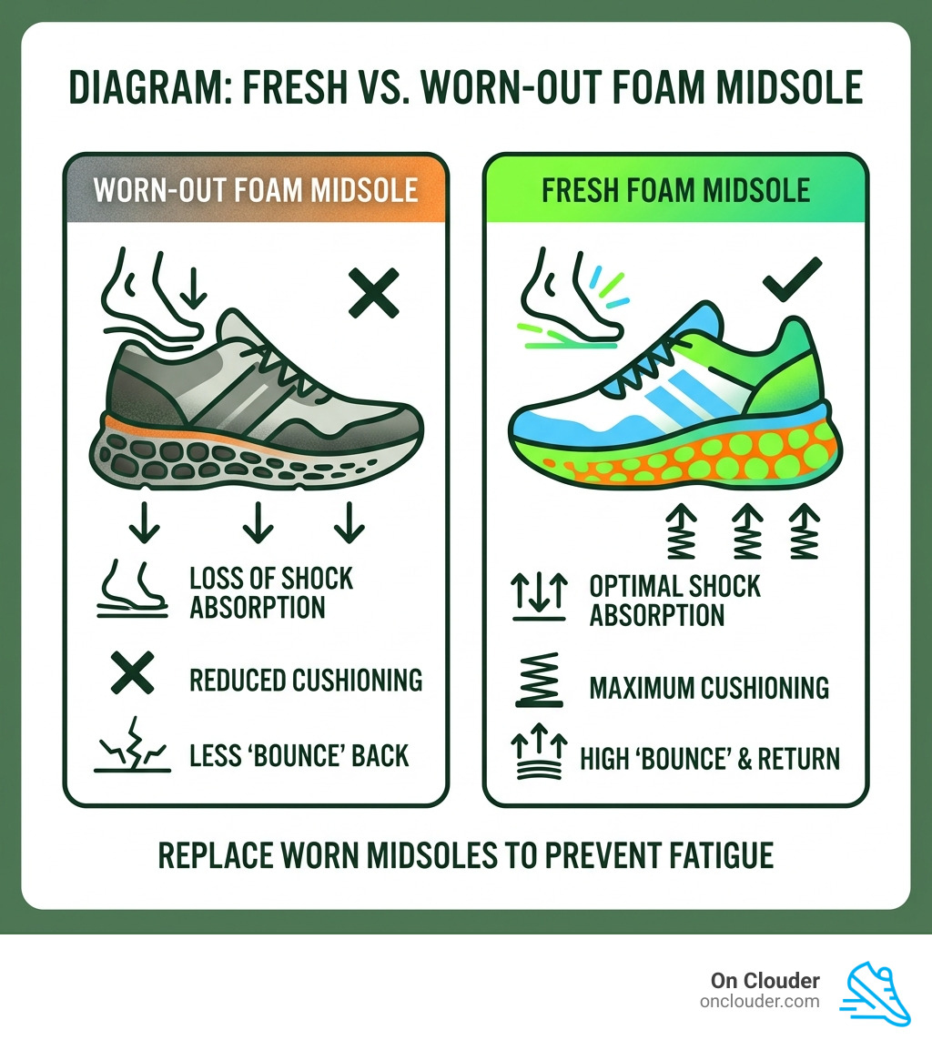 Diagram showing the difference between a worn-out foam midsole and a fresh one - sneakers for standing infographic 