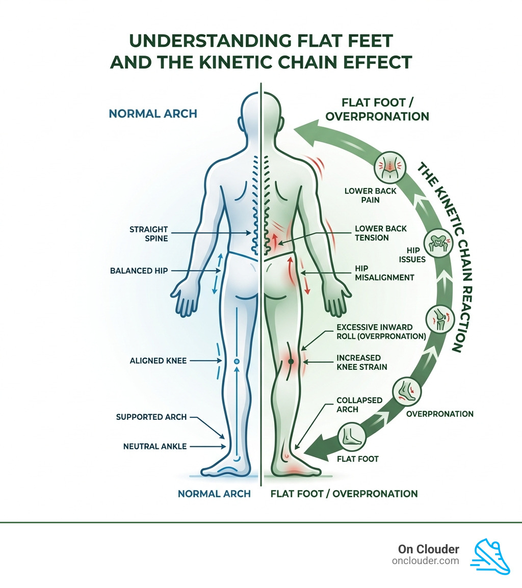 infographic showing how flat feet cause overpronation and pain up the kinetic chain - arch support flat feet insoles