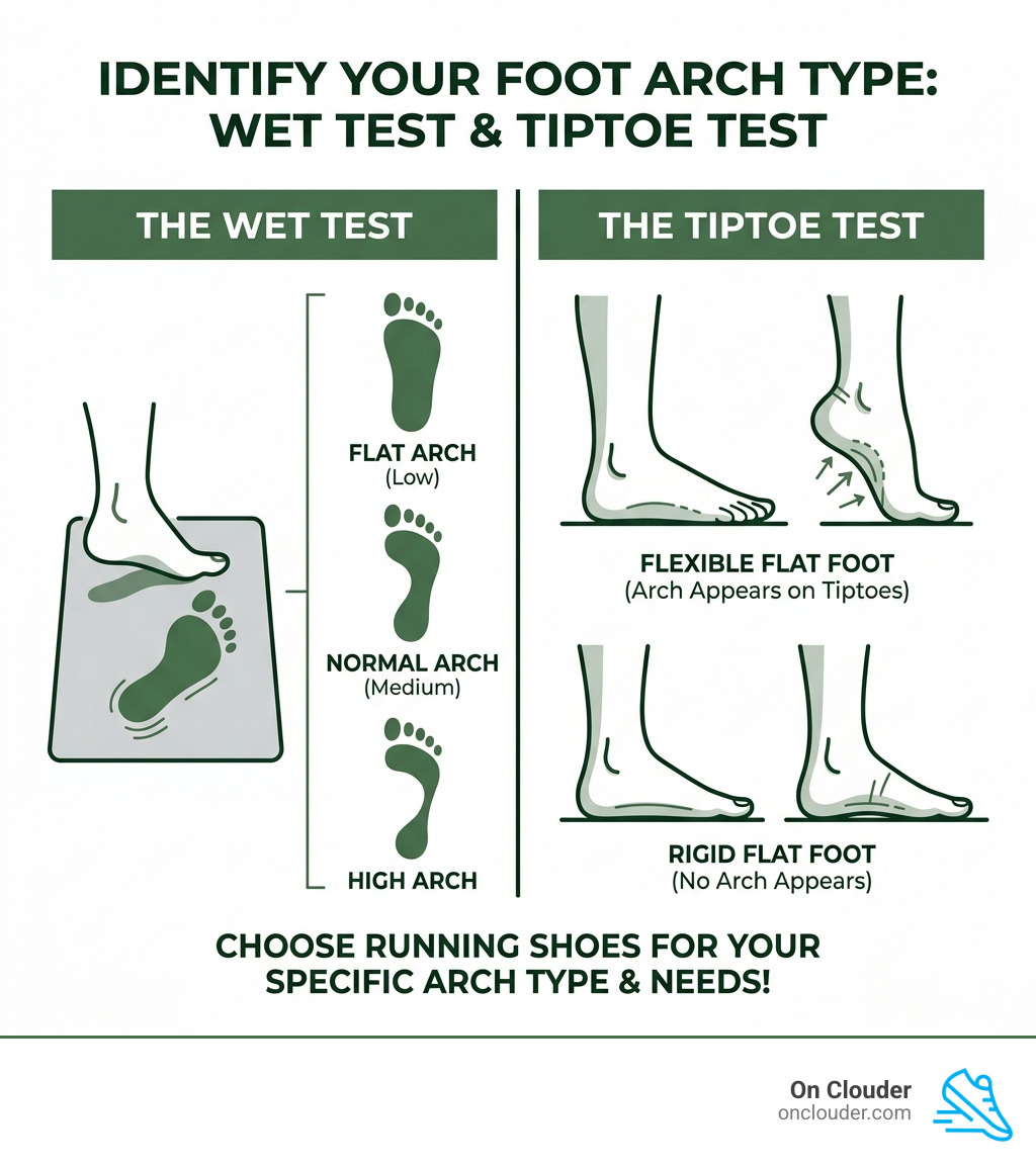 Infographic showing the wet test and tiptoe test for identifying flat feet and arch type - best running shoe for flat and