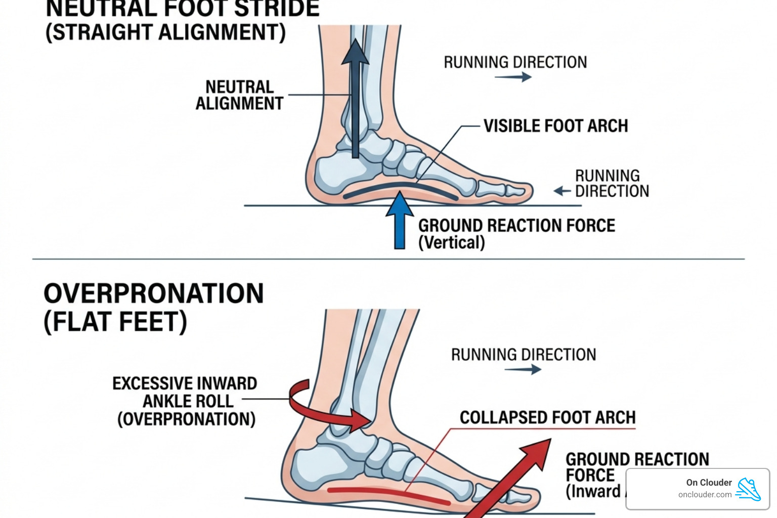 Diagram showing a neutral stride versus overpronation in flat feet - best running shoe for flat and wide feet