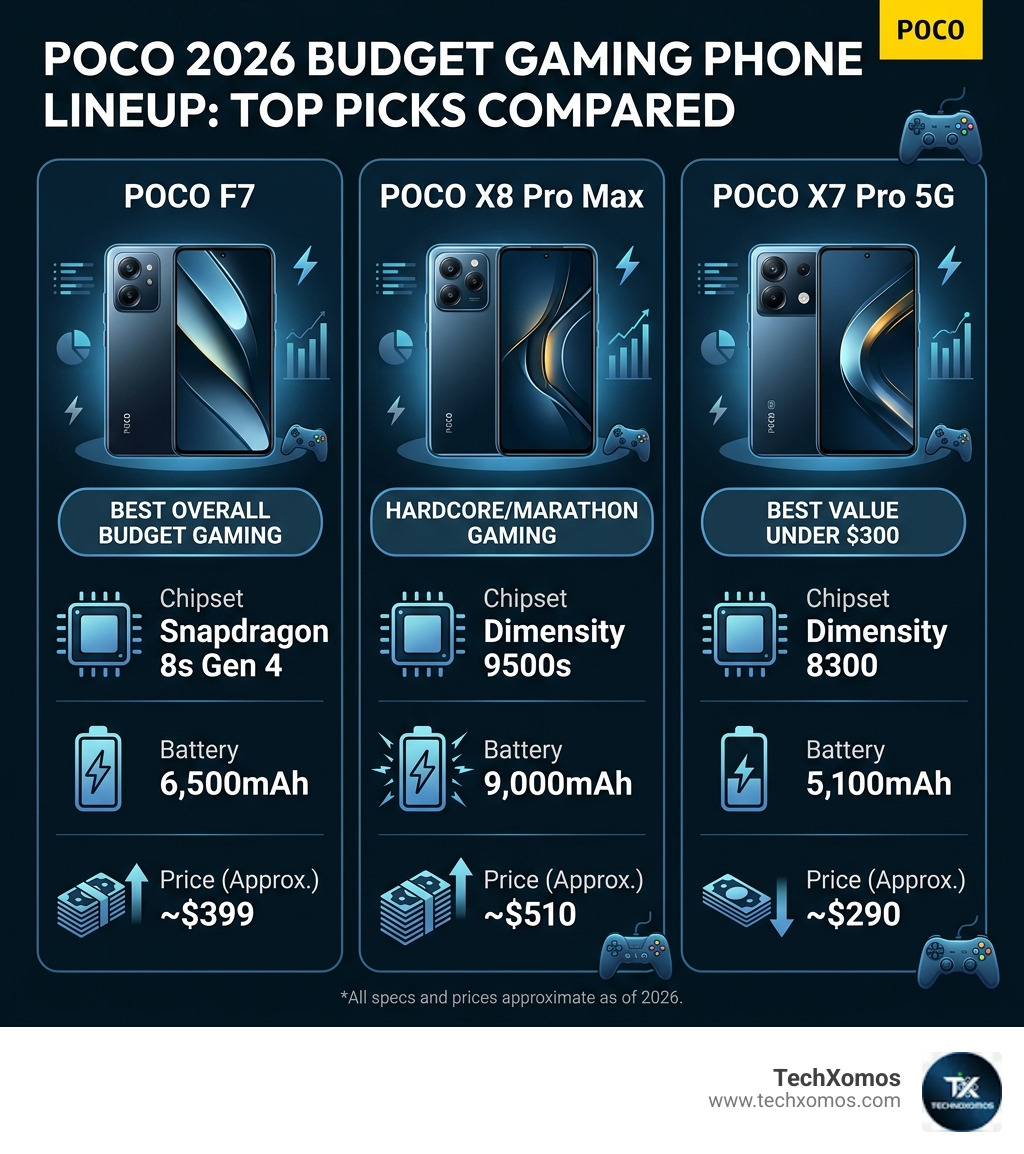 POCO 2026 budget gaming phone lineup comparison infographic with specs and prices - poco budget gaming phone infographic