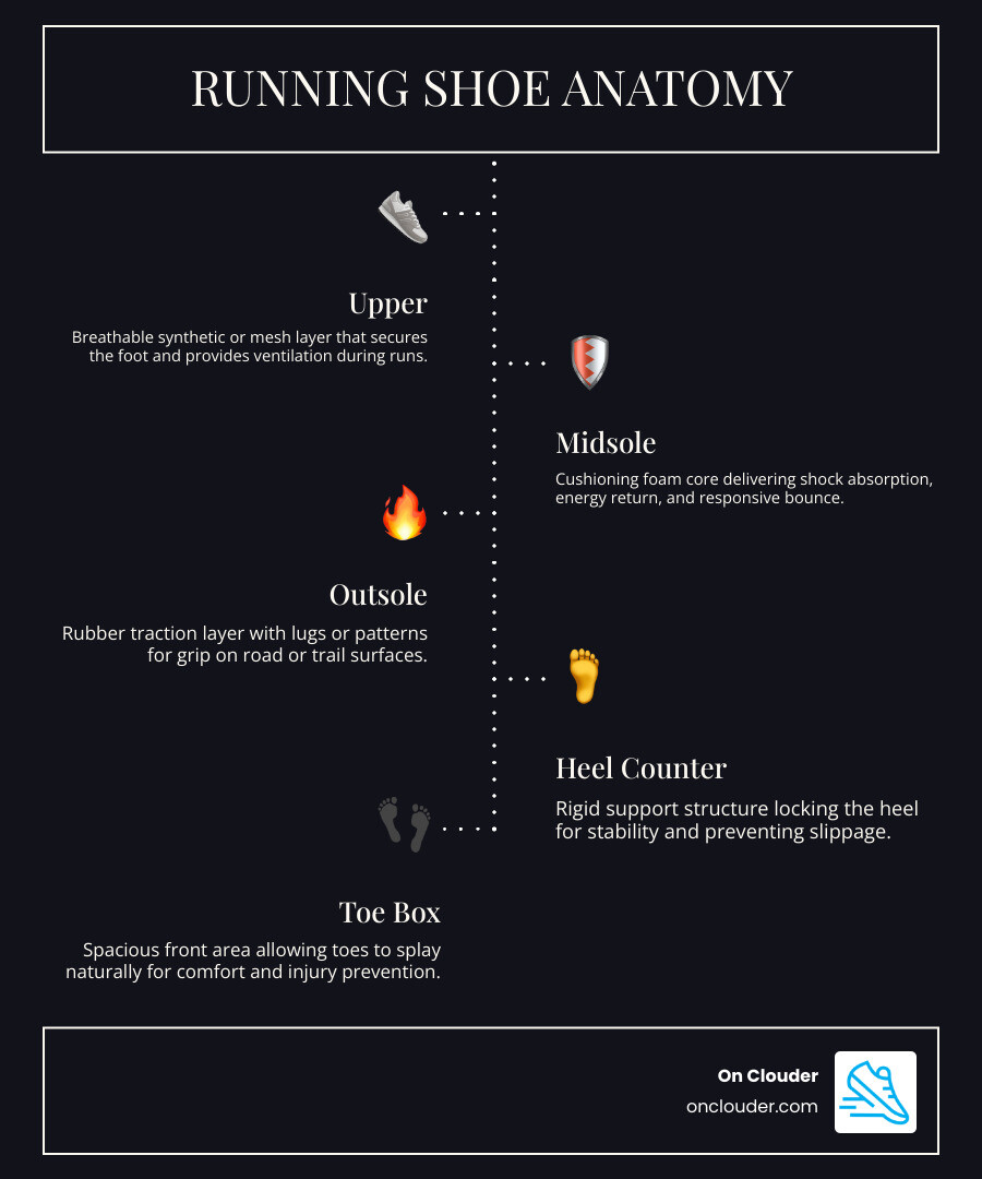 Running shoe anatomy diagram showing upper, midsole, and outsole components - running shoes infographic