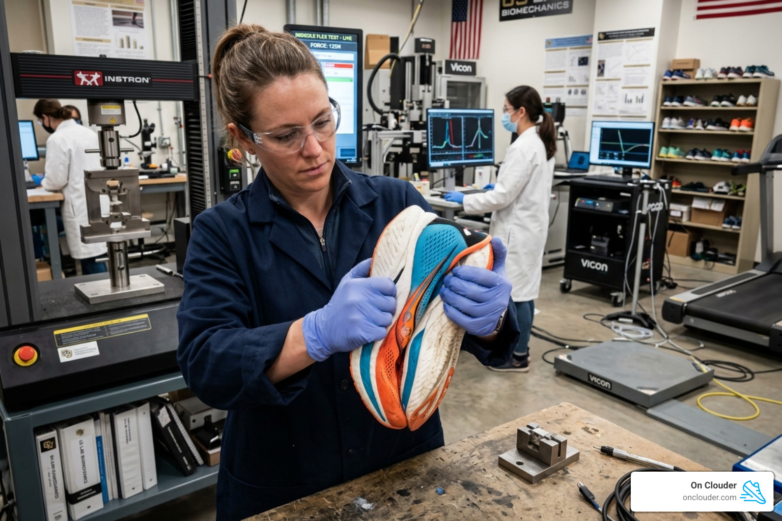 A shoe being flexed in a lab setting to test midsole responsiveness - running shoes