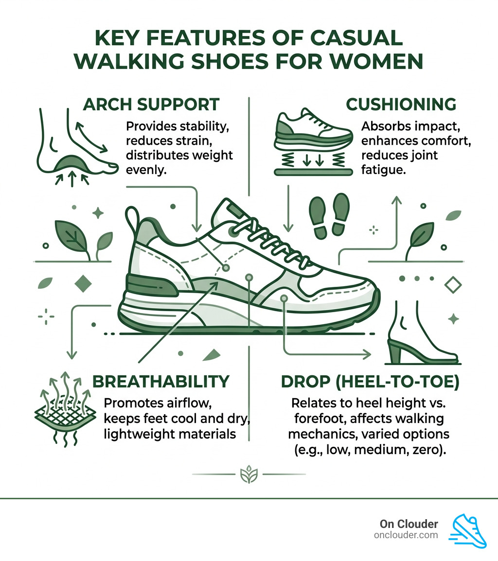 infographic showing key features of casual walking shoes for women including arch support, cushioning, breathability, and