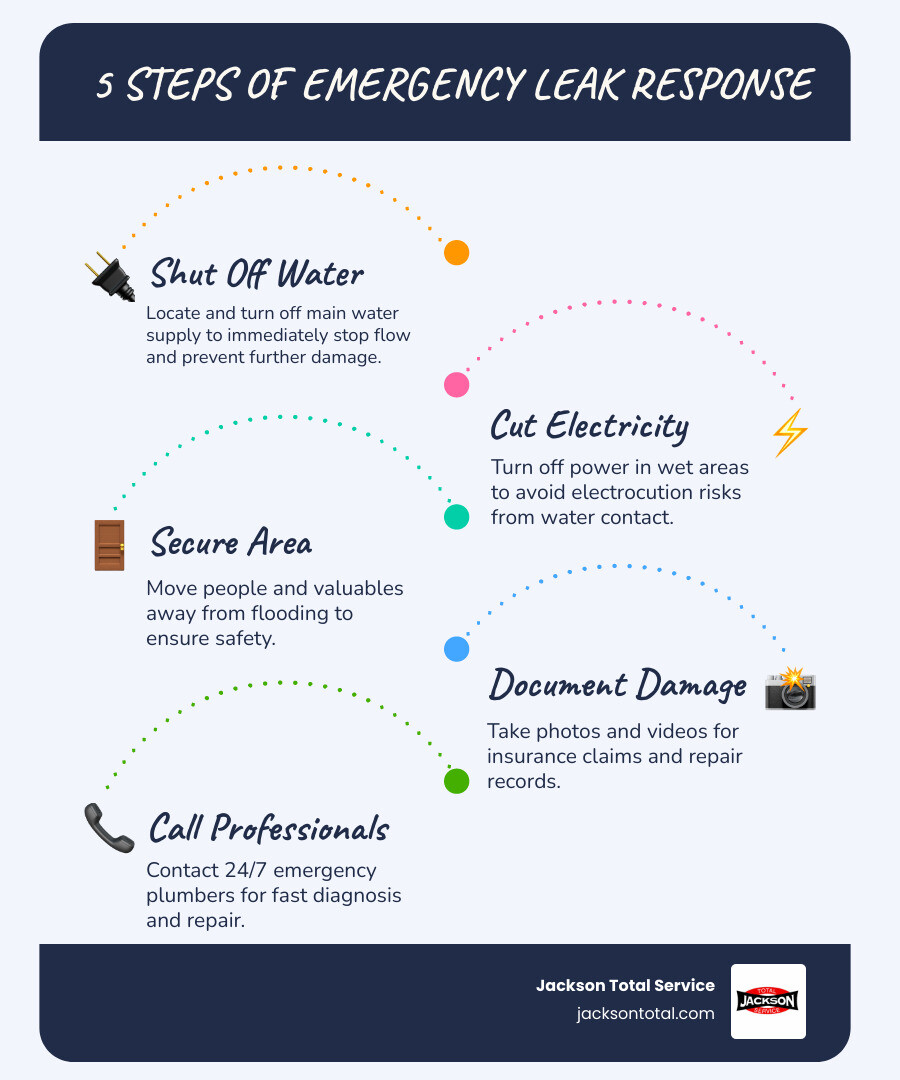 Infographic showing the 5 steps of emergency leak response in a North Naples home with timeline and damage risk indicators