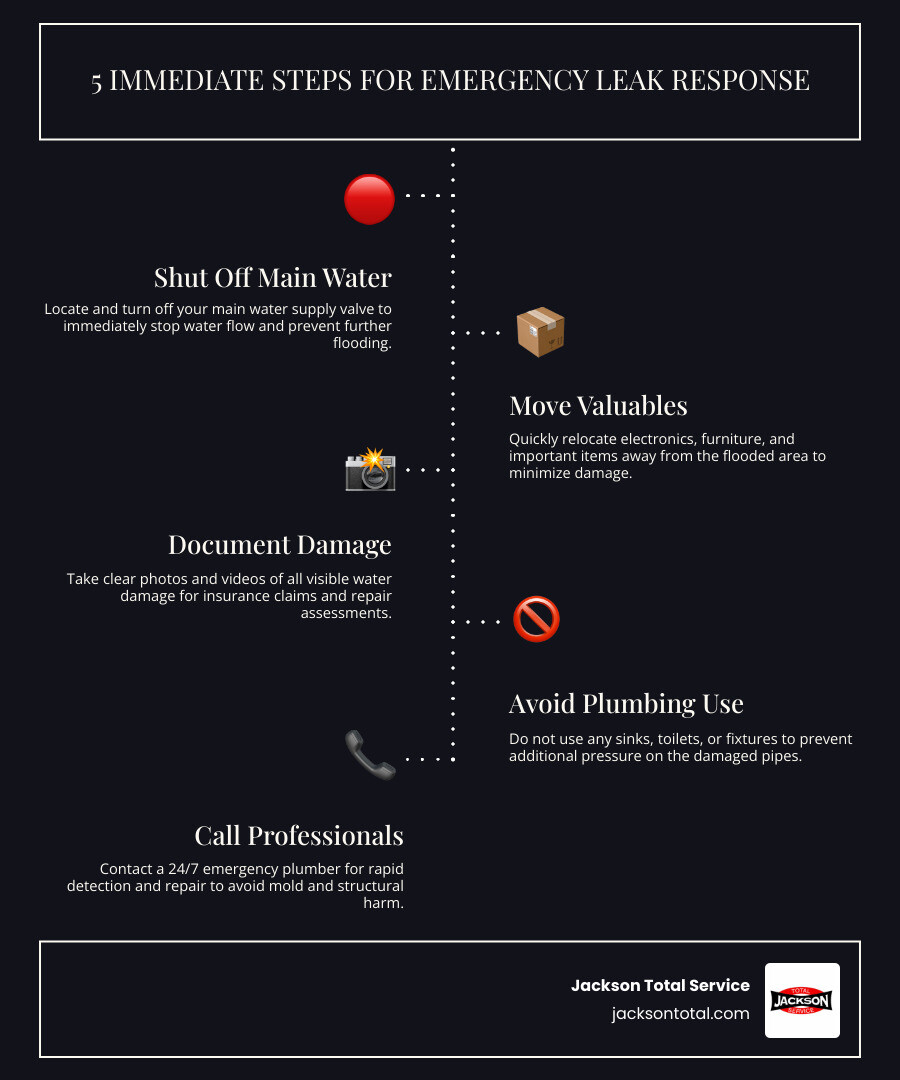 Infographic showing 5 immediate steps for emergency leak response in Cape Coral FL homes - emergency leak repair in cape Infographic showing 5 immediate steps for emergency leak response in Cape Coral FL homes - emergency leak repair in cape