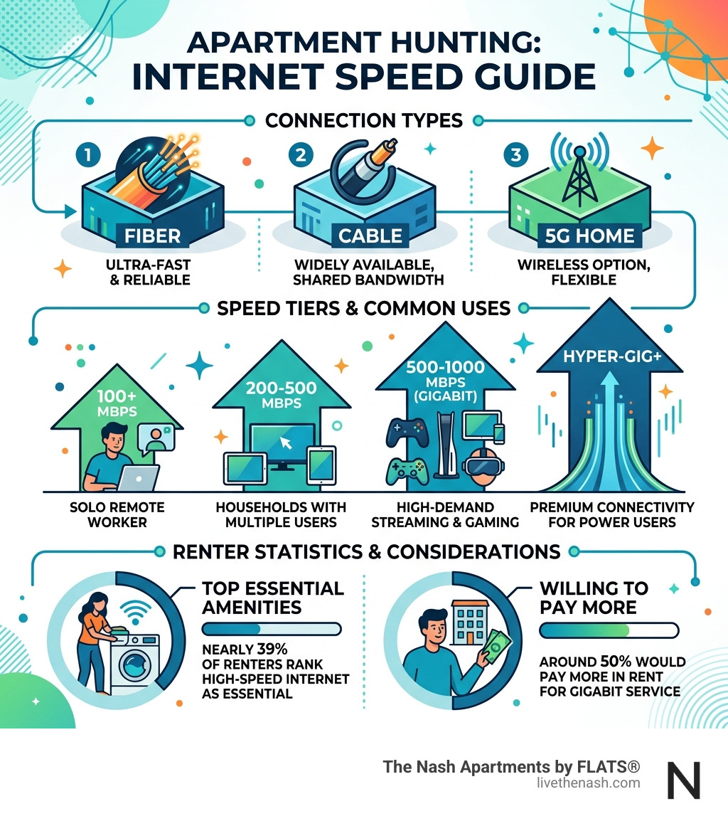 Infographic showing internet speed tiers, connection types, and renter statistics for apartment hunting - Apartments with