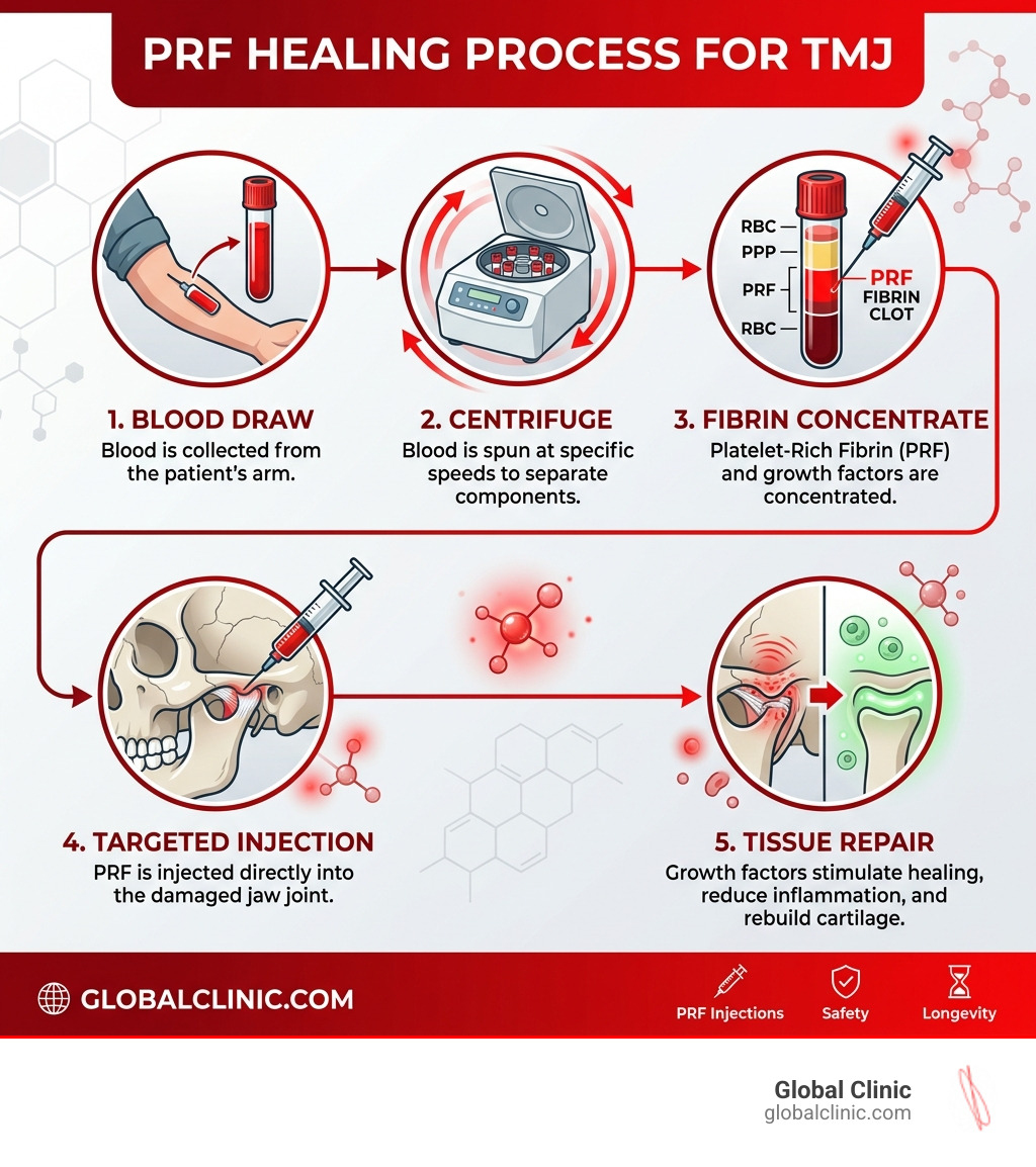 Infographic showing the PRF healing process for TMJ: blood draw, centrifuge, fibrin concentrate, targeted injection, tissue