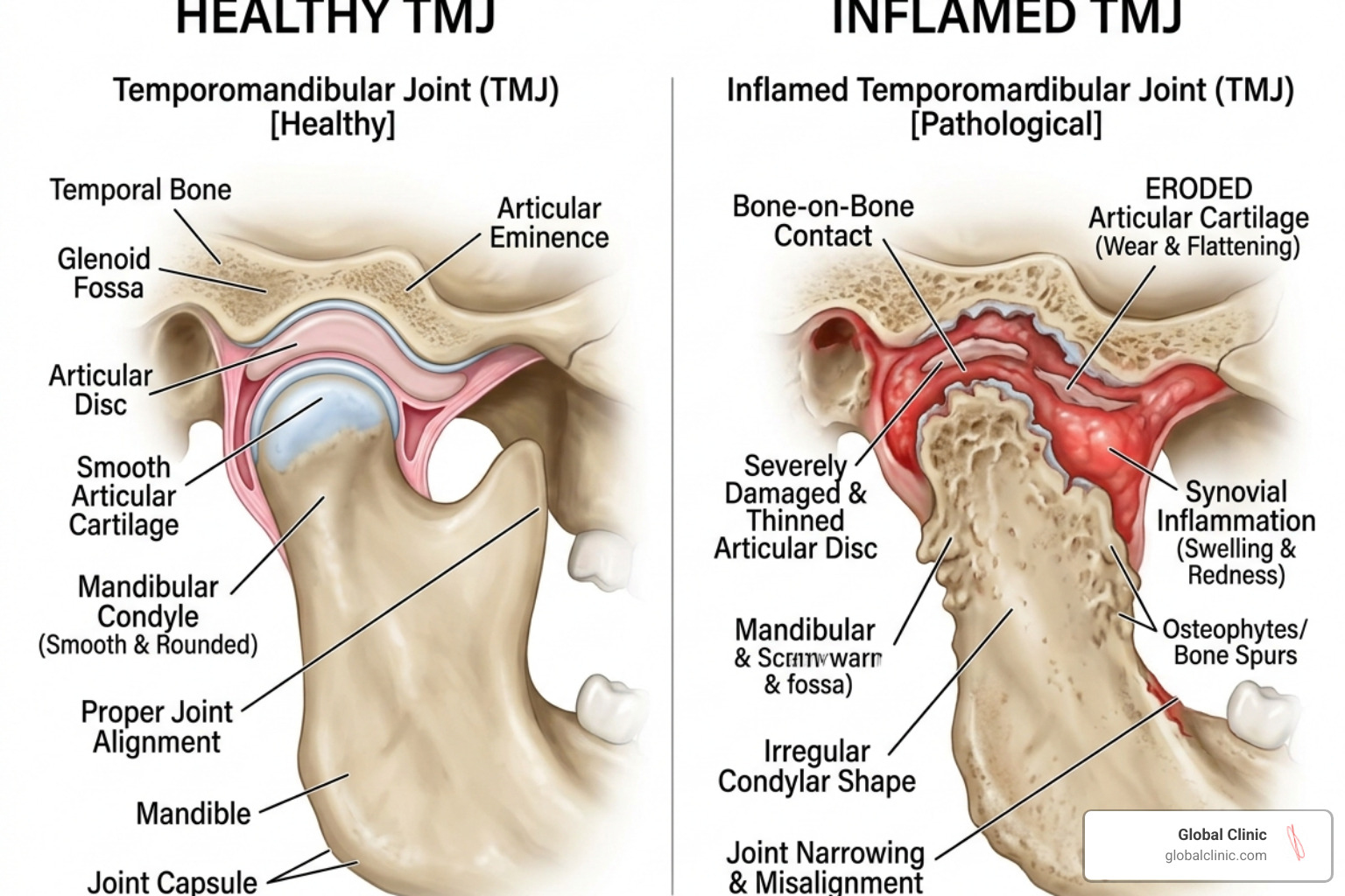 Diagram of a healthy TMJ versus an inflamed TMJ with cartilage wear - prf injections for tmj