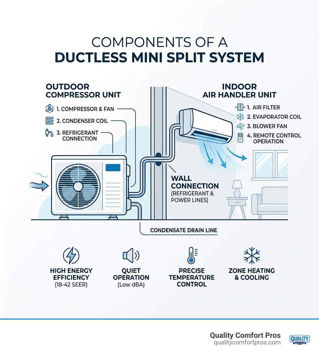 Infographic showing components of a ductless mini split system including outdoor compressor and indoor air handler