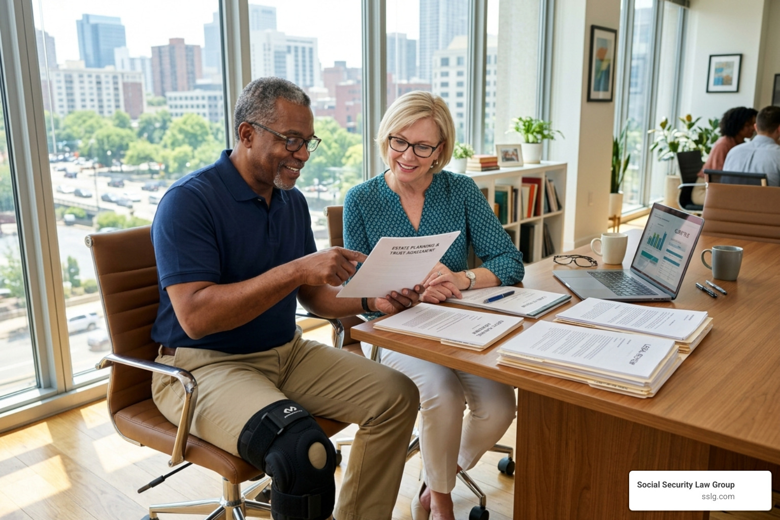 A diverse couple around age 60, with the man wearing a supportive knee brace, discussing legal documents in a sunny office