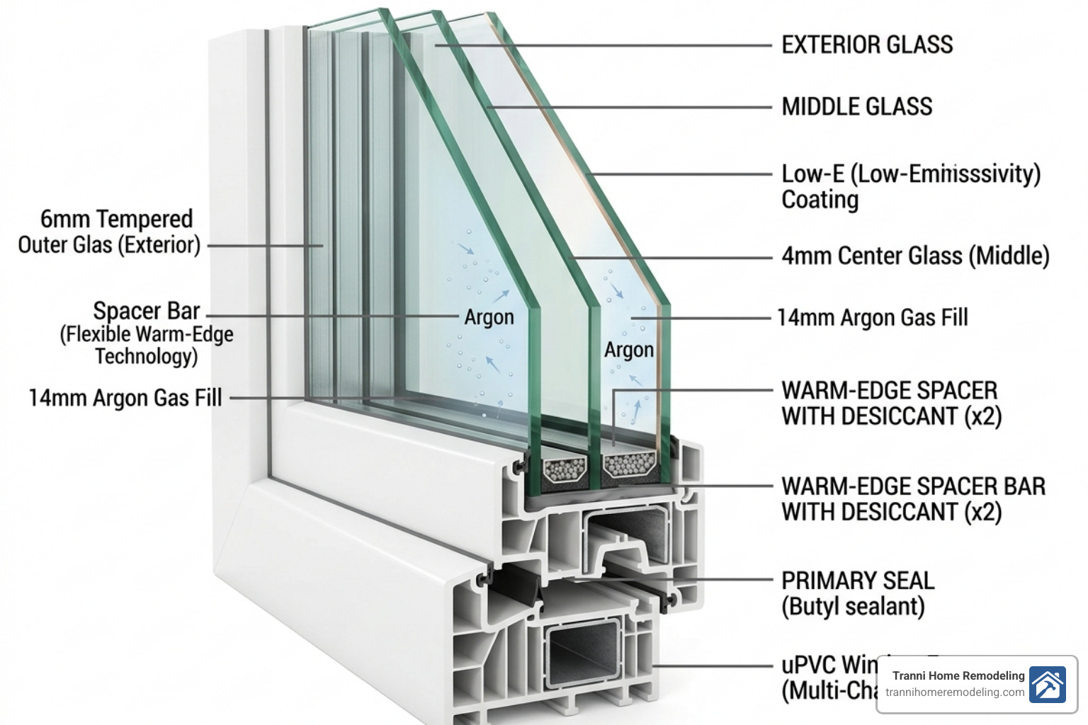 Multi-pane glass technology showing layers of insulation and gas fills - Window replacement Andover MA