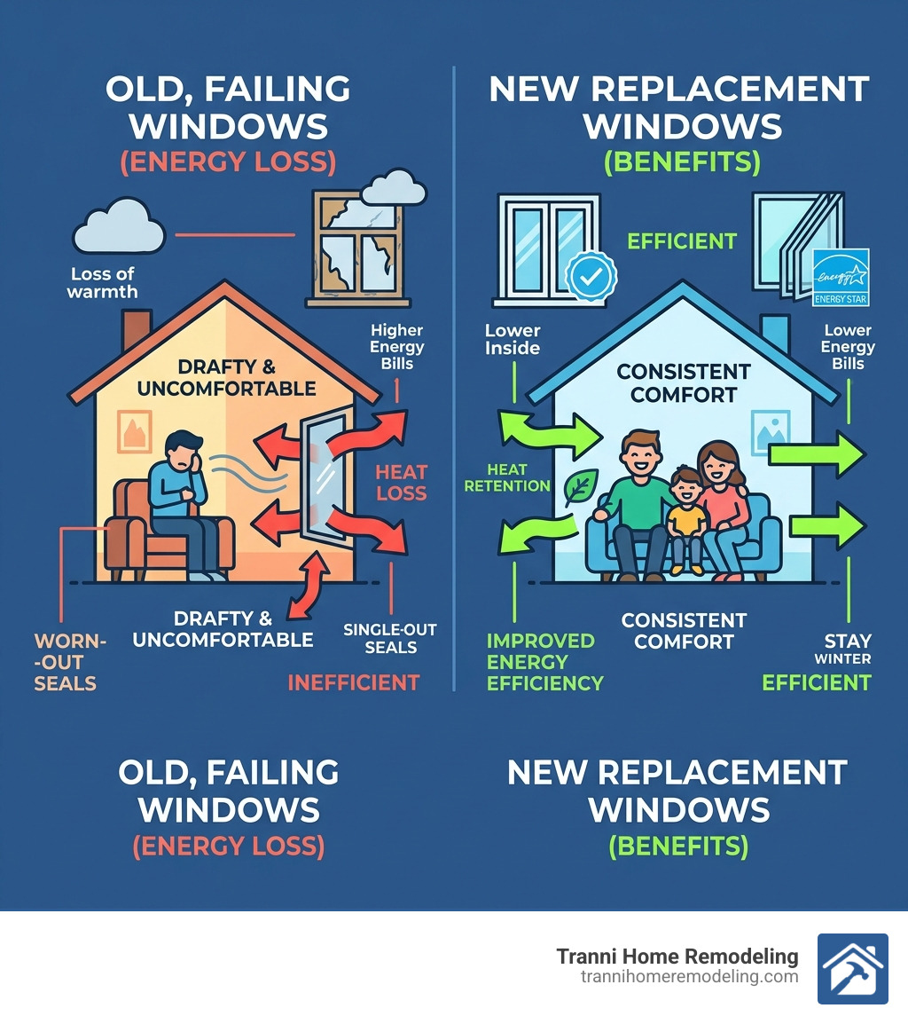 Infographic showing how heat escapes through old window seals and the benefits of replacement windows - Window replacement
