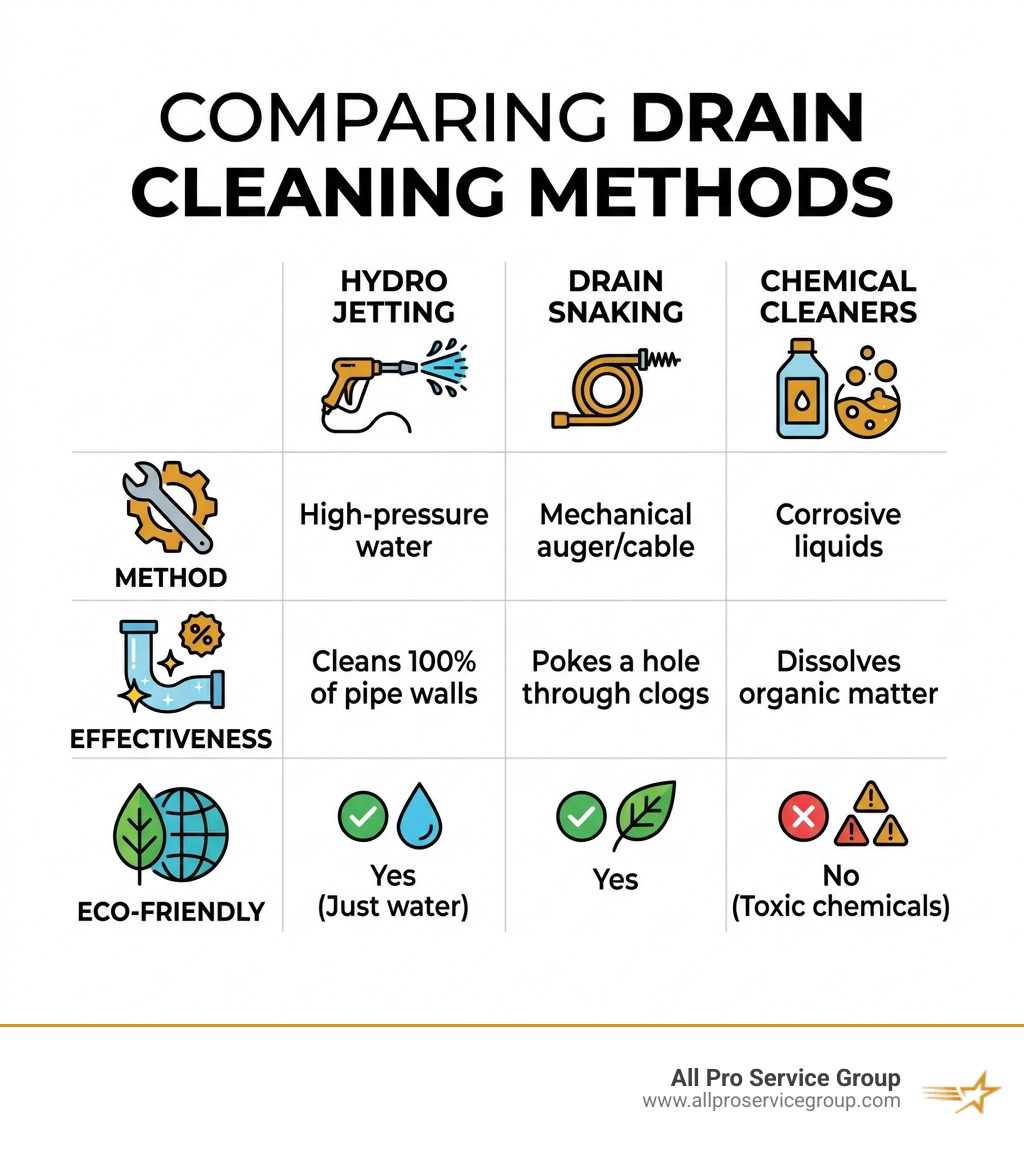 Table comparing Hydro Jetting vs. Snaking vs. Chemical Cleaners - hydro jetting infographic 