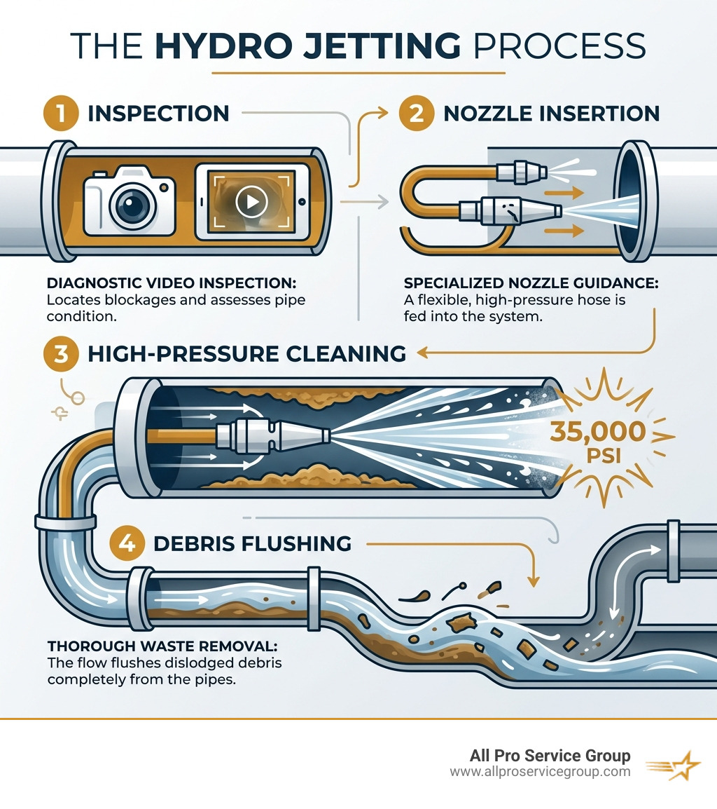 Infographic showing the hydro jetting process: inspection, nozzle insertion, high-pressure cleaning, debris flushing - hydro
