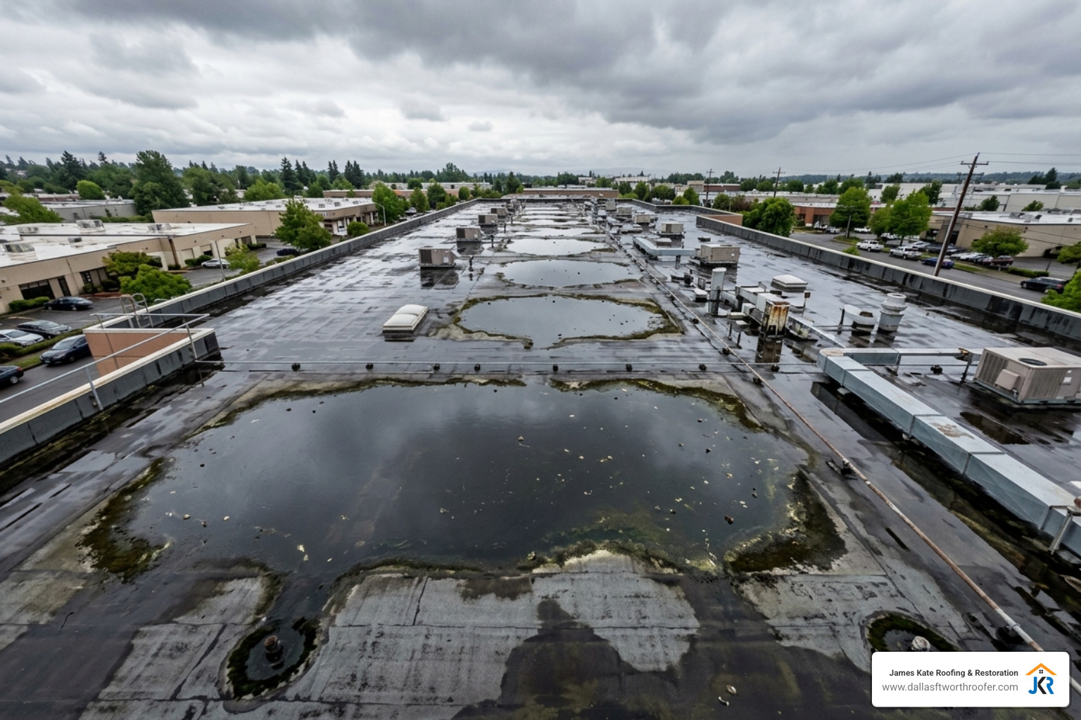 Ponding water on a large flat commercial roof with dark algae stains - Commercial roof repair Ponding water on a large flat commercial roof with dark algae stains - Commercial roof repair