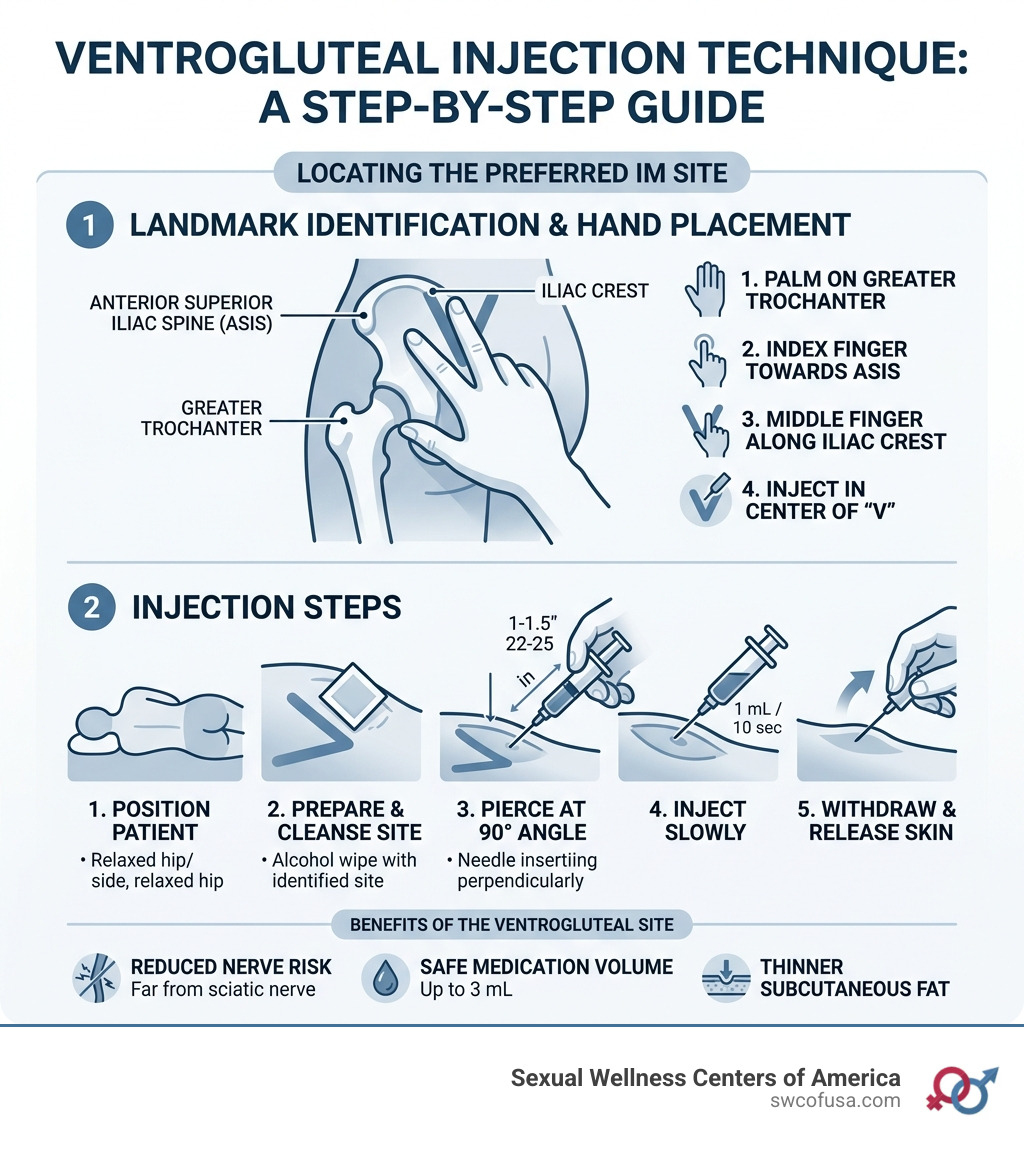 Step-by-step ventrogluteal injection technique infographic showing landmarks, hand placement, and injection steps
