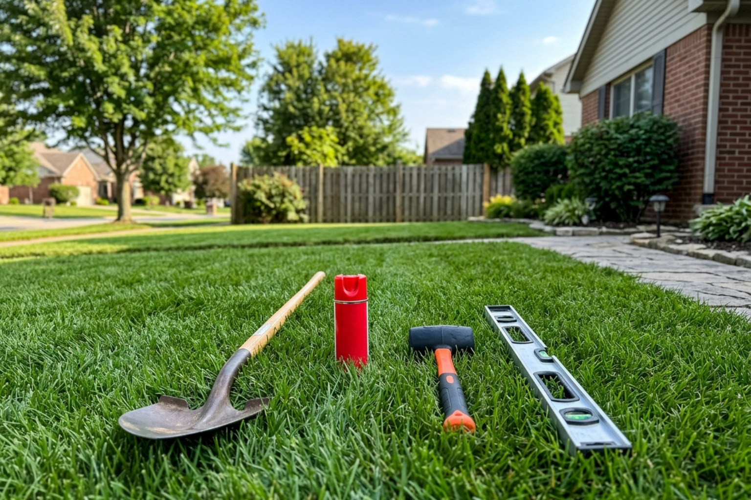 essential landscaping tools including spade, marking paint, mallet, and level laid out on grass - install flower bed edging essential landscaping tools including spade, marking paint, mallet, and level laid out on grass - install flower bed edging