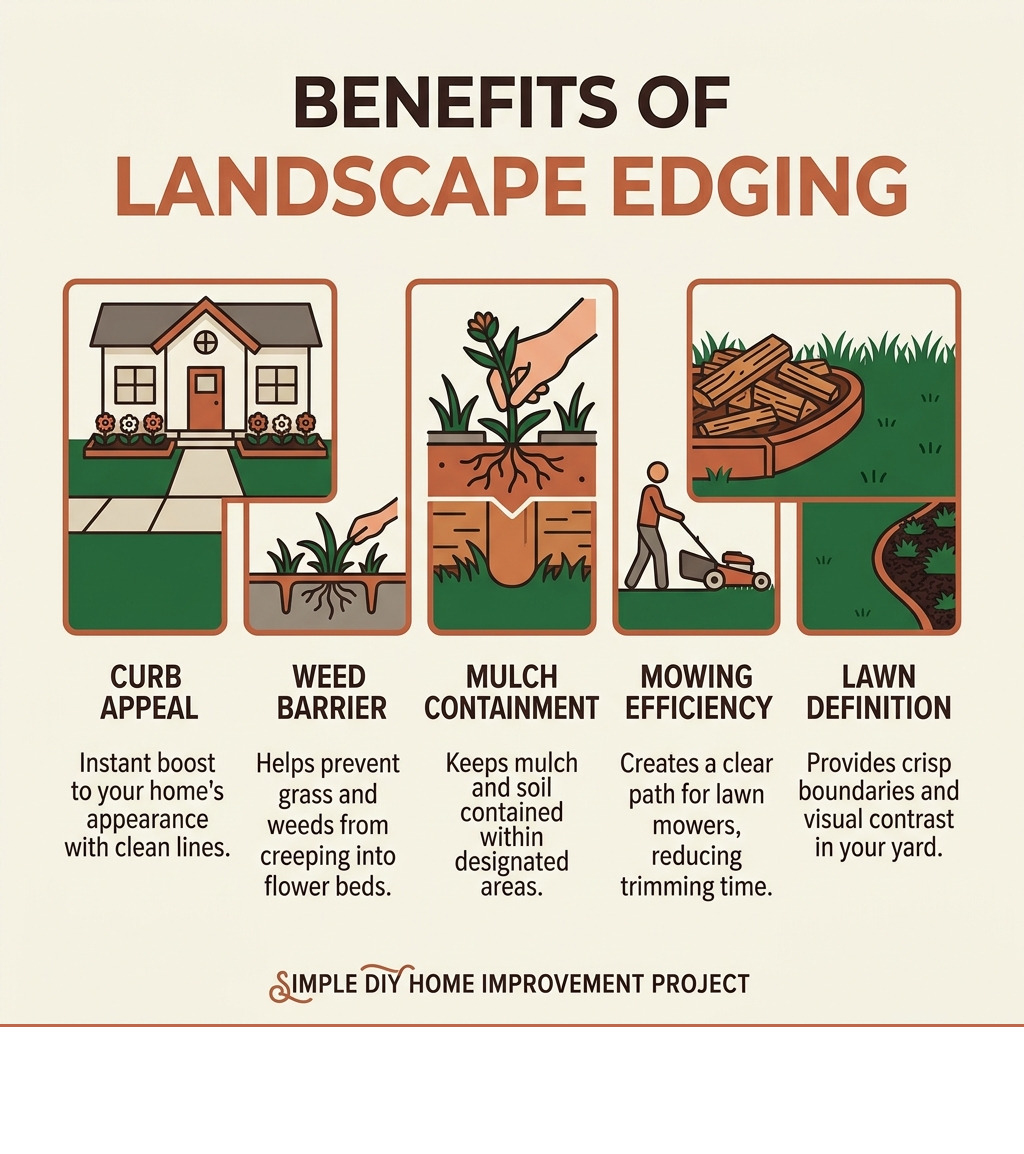 Benefits of landscape edging infographic: curb appeal, weed barrier, mulch containment, mowing efficiency, lawn definition Benefits of landscape edging infographic: curb appeal, weed barrier, mulch containment, mowing efficiency, lawn definition