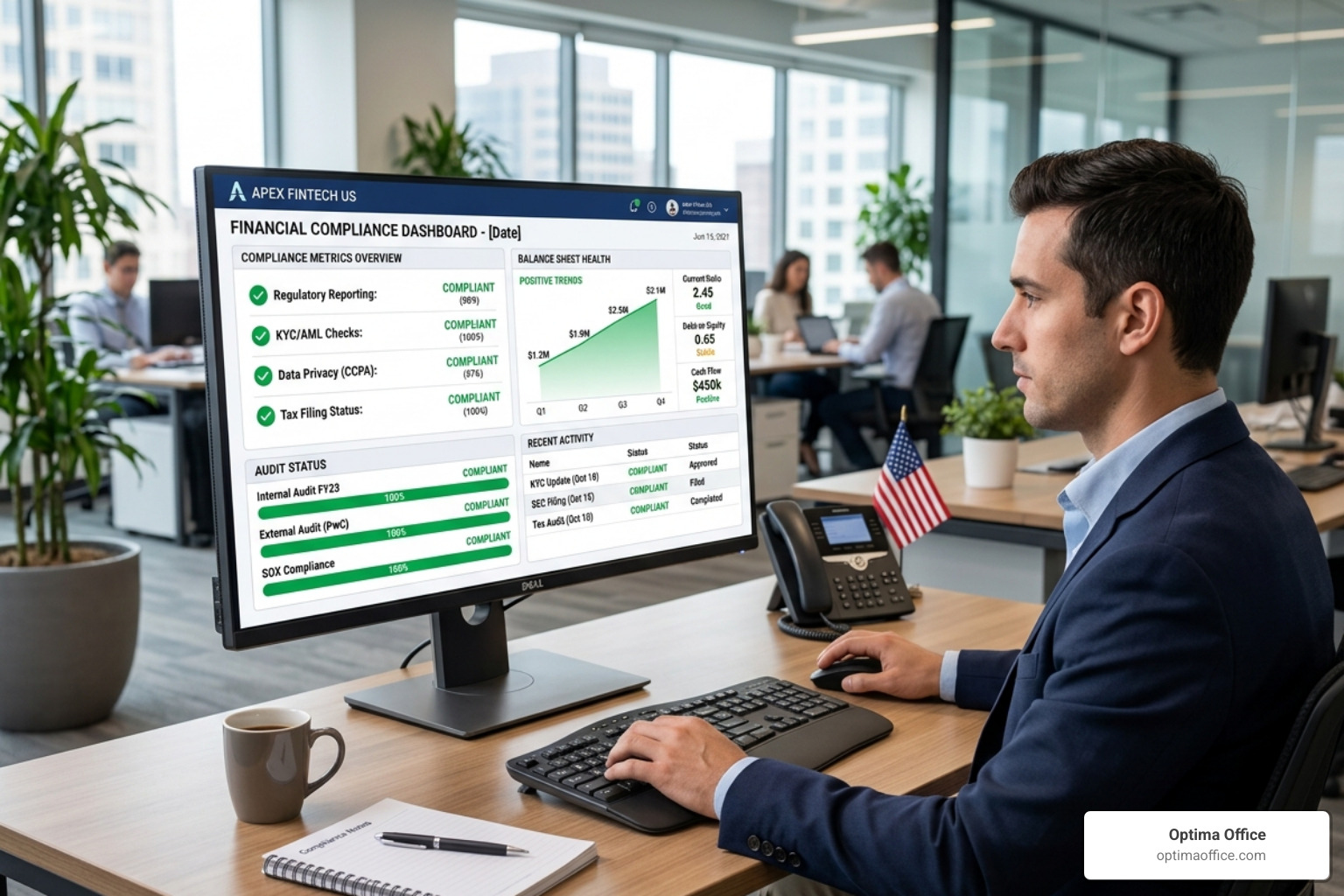 Digital dashboard showing financial compliance metrics, balance sheet health, and audit status - audit readiness services Digital dashboard showing financial compliance metrics, balance sheet health, and audit status - audit readiness services