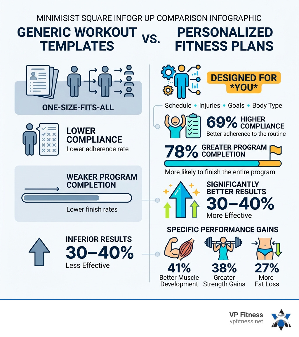 Infographic comparing generic workout templates vs. personalized fitness plans with key stats - personalized workout routine