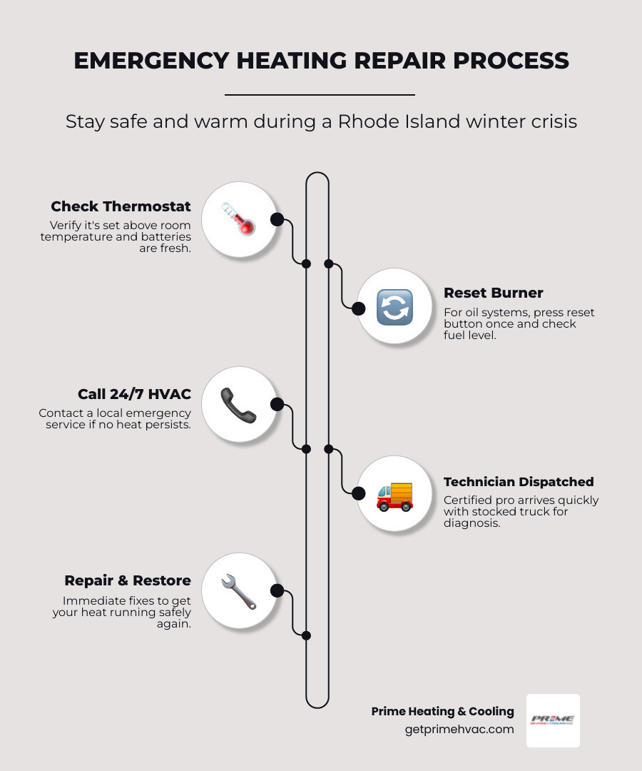 Emergency heating repair process infographic: check thermostat, reset burner, call 24/7 HVAC, technician dispatched Emergency heating repair process infographic: check thermostat, reset burner, call 24/7 HVAC, technician dispatched