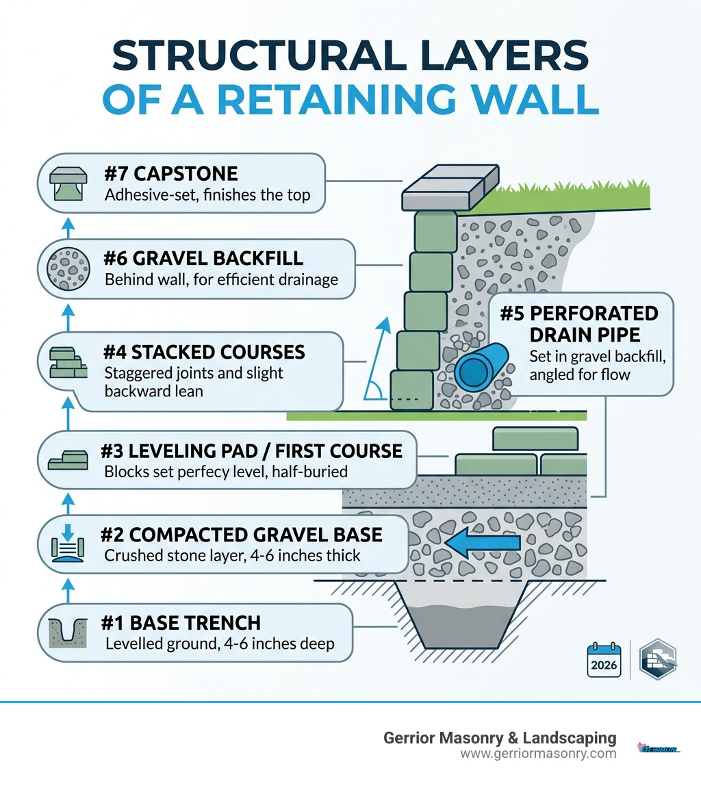Infographic showing the structural layers of a retaining wall from trench base to capstone - paver retaining wall