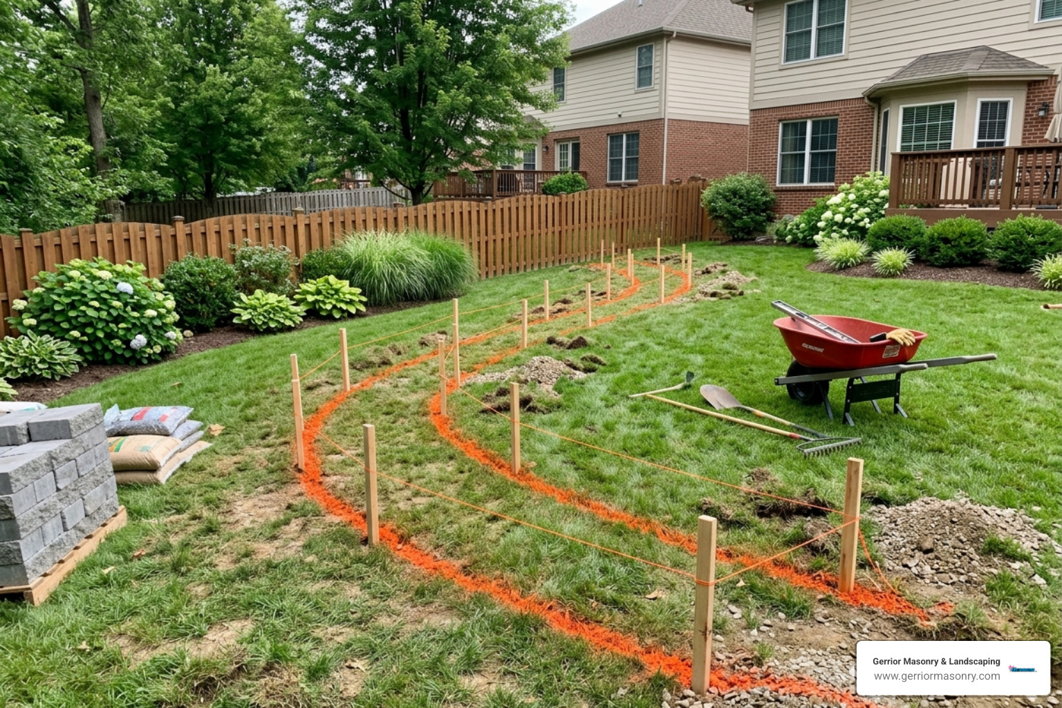 site layout with marking paint and stakes - paver retaining wall installation