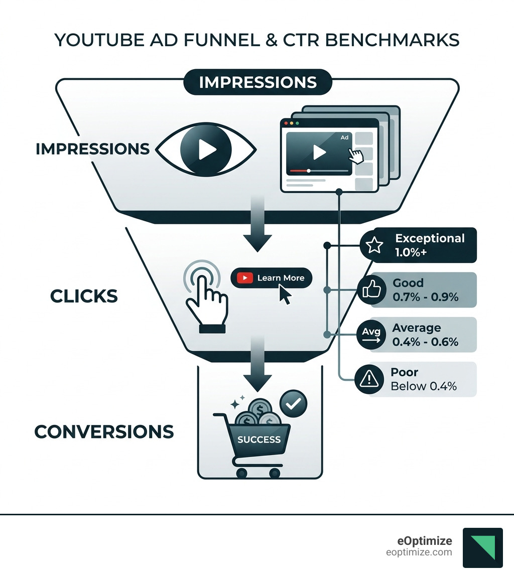 YouTube ad funnel from impressions to clicks to conversions with CTR benchmarks by tier - average youtube ad ctr infographic YouTube ad funnel from impressions to clicks to conversions with CTR benchmarks by tier - average youtube ad ctr infographic