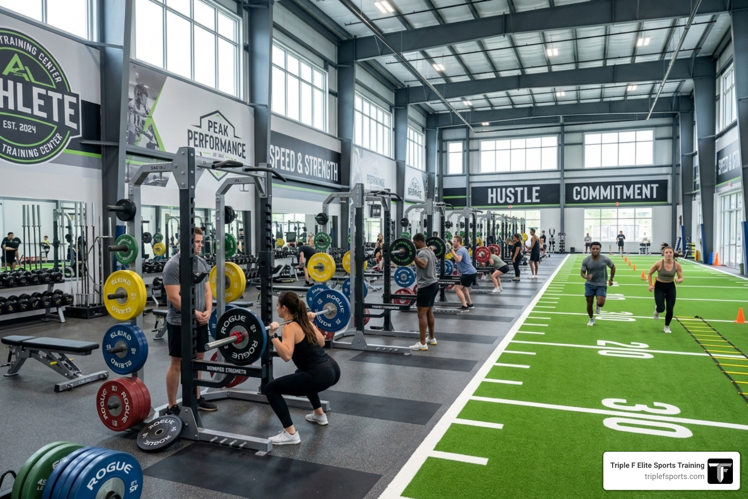 state-of-the-art weight room and indoor turf - athlete training center state-of-the-art weight room and indoor turf - athlete training center