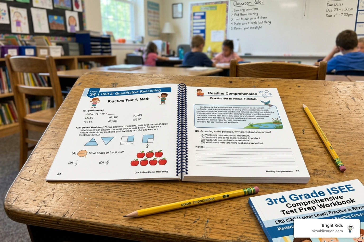 A comprehensive test prep workbook open on a desk with a pencil - 3rd grade ISEE practice book A comprehensive test prep workbook open on a desk with a pencil - 3rd grade ISEE practice book