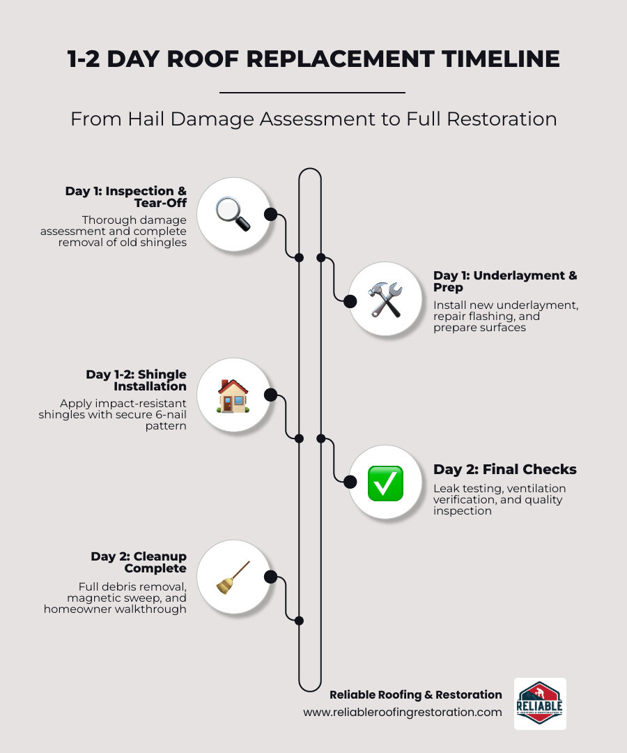 Infographic showing the 1-2 day roof replacement timeline from tear-off to cleanup - hail damage roofing specialists in Infographic showing the 1-2 day roof replacement timeline from tear-off to cleanup - hail damage roofing specialists in