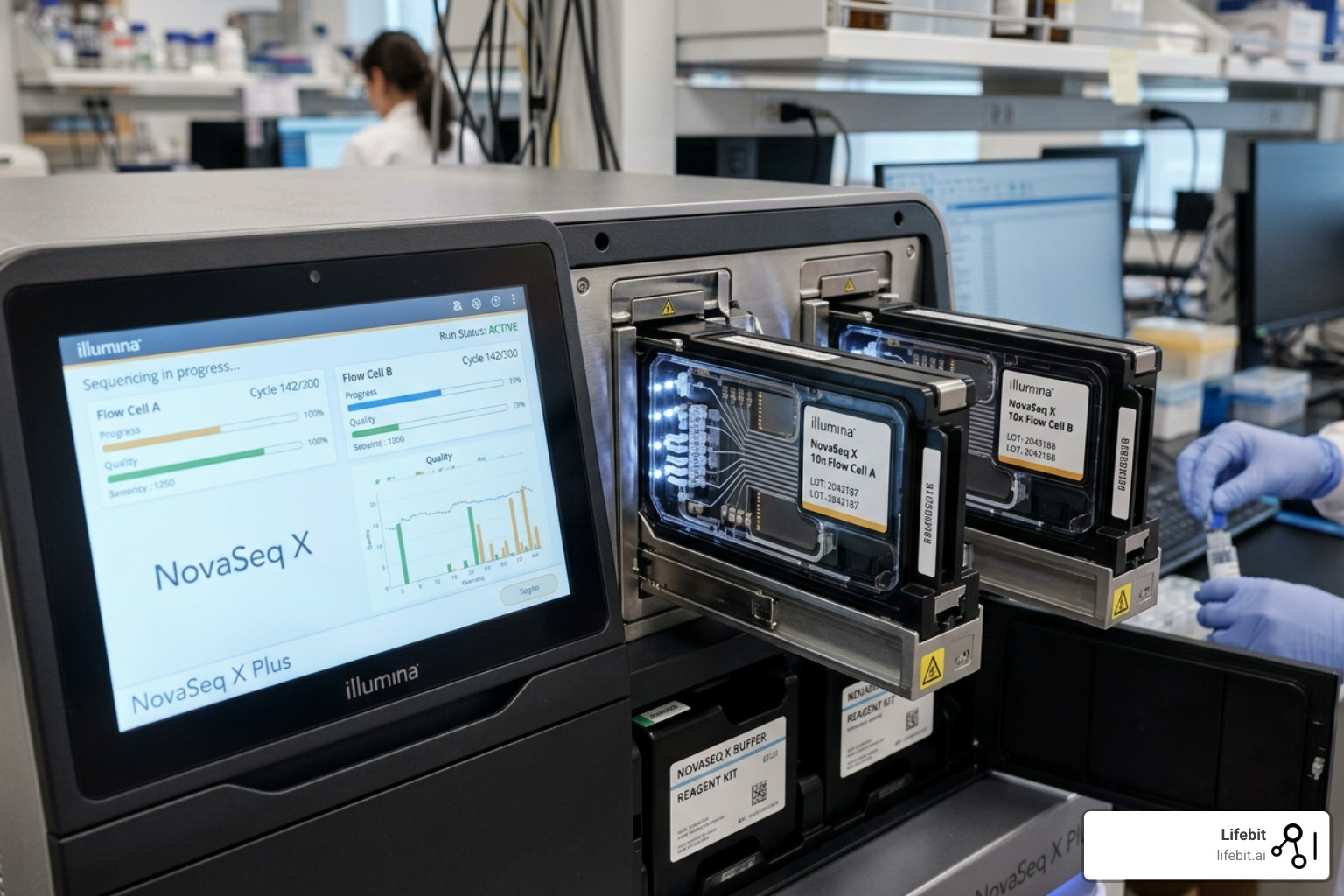 Close-up of a high-throughput Illumina NovaSeq X Plus sequencing machine - new york genomic research