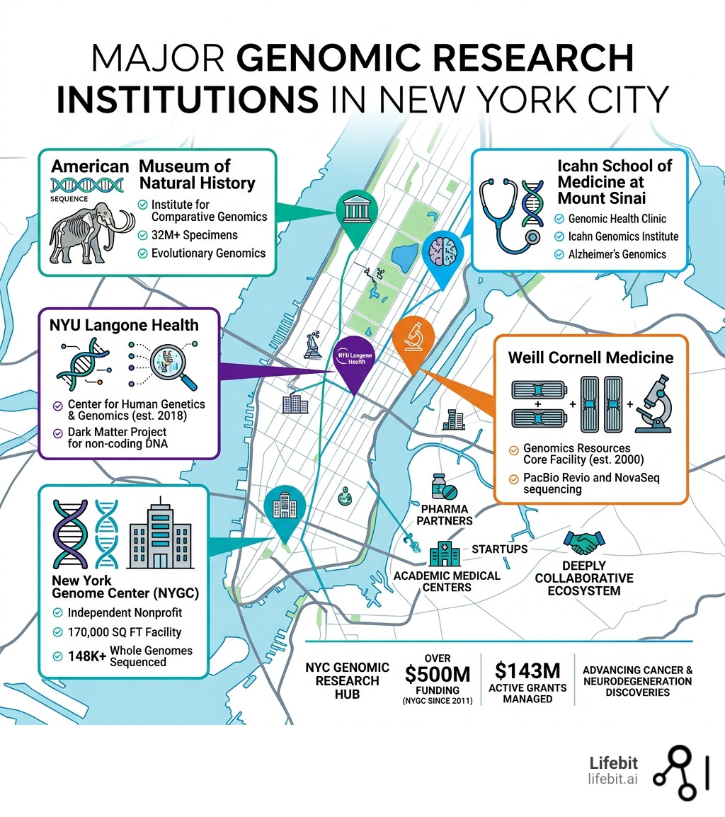 Map of major genomic research institutions across New York City with key stats - new york genomic research infographic 