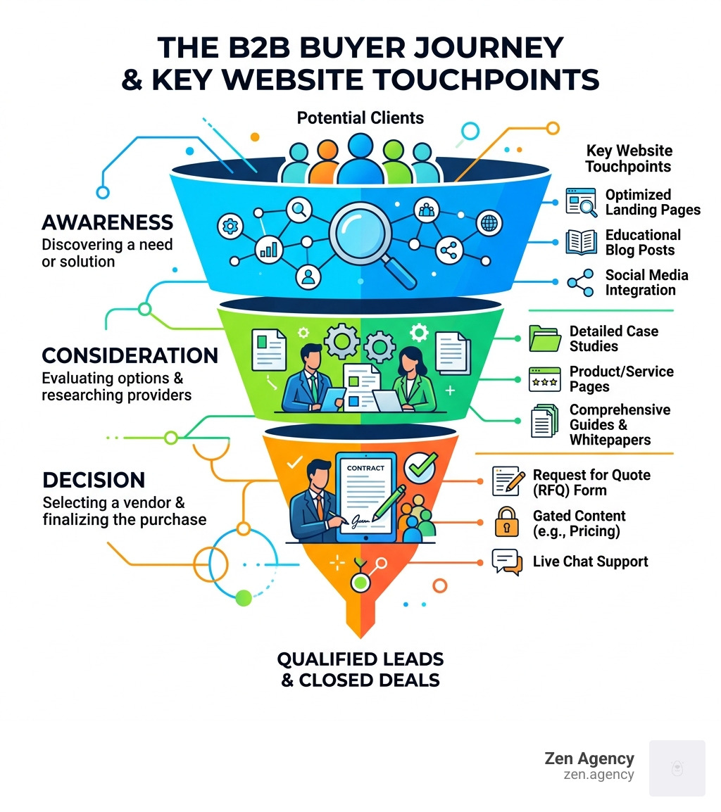B2B sales funnel infographic showing stages from awareness to decision with key website touchpoints - B2B web development B2B sales funnel infographic showing stages from awareness to decision with key website touchpoints - B2B web development