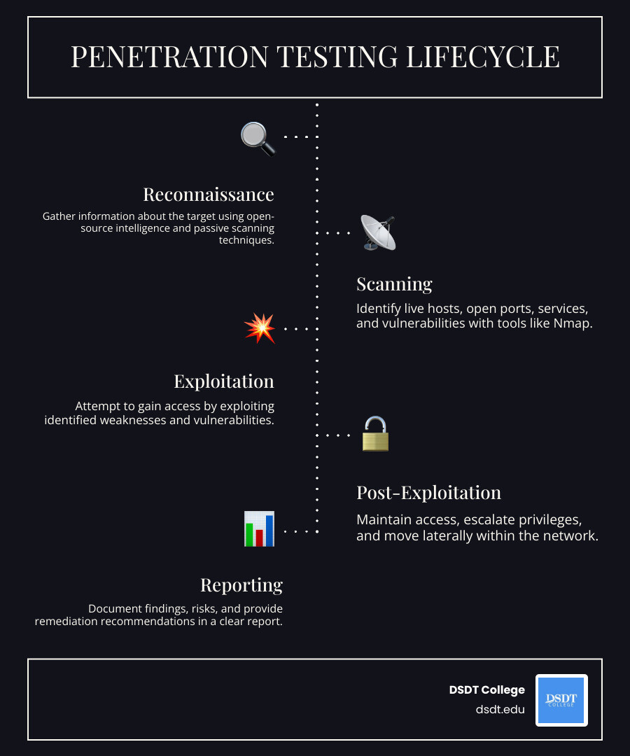 Penetration testing lifecycle infographic showing stages: Reconnaissance, Scanning, Exploitation, Post-Exploitation